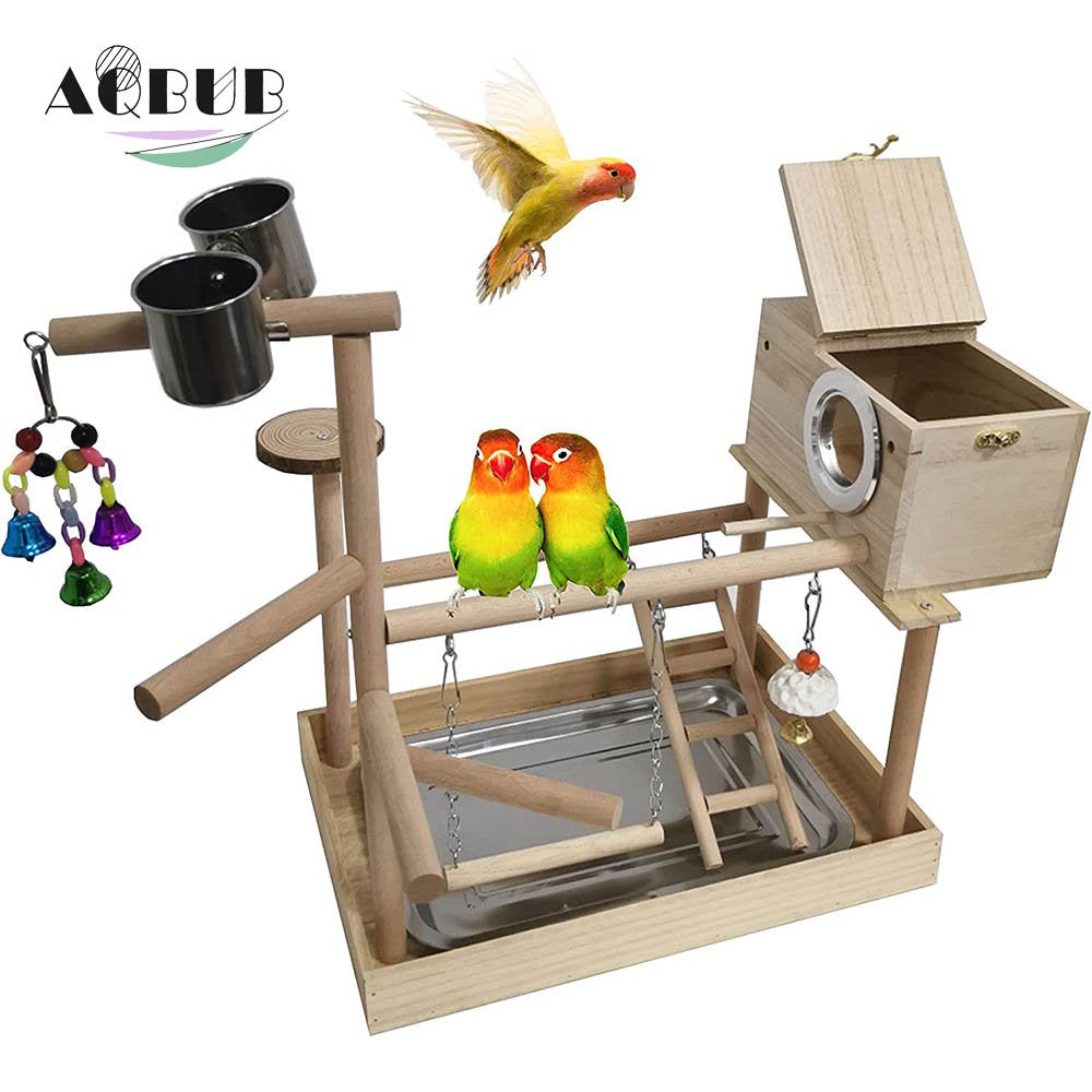 Parrot Playground, Bird Play Gym Wooden Perch Climbing Ladder Swing Chewing Toys and Parakeet Nest Box Feeding Cup Sports Activity Centre (Including Tray) Animals & Pet Supplies > Pet Supplies > Bird Supplies > Bird Ladders & Perches KOL PET   