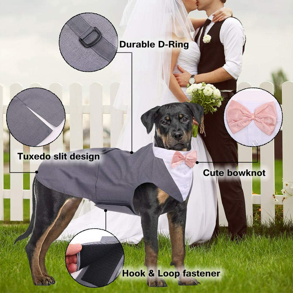 QBLEEV Dog Formal Tuxedo Suit for Medium Large Dogs，For Costume Wedding Party Outfit with Detachable Collar，Elegant Dog Apparel Bowtie Shirt and Bandana Set for Dress-Up Cosplay Holiday Wear Animals & Pet Supplies > Pet Supplies > Dog Supplies > Dog Apparel QBLEEV   