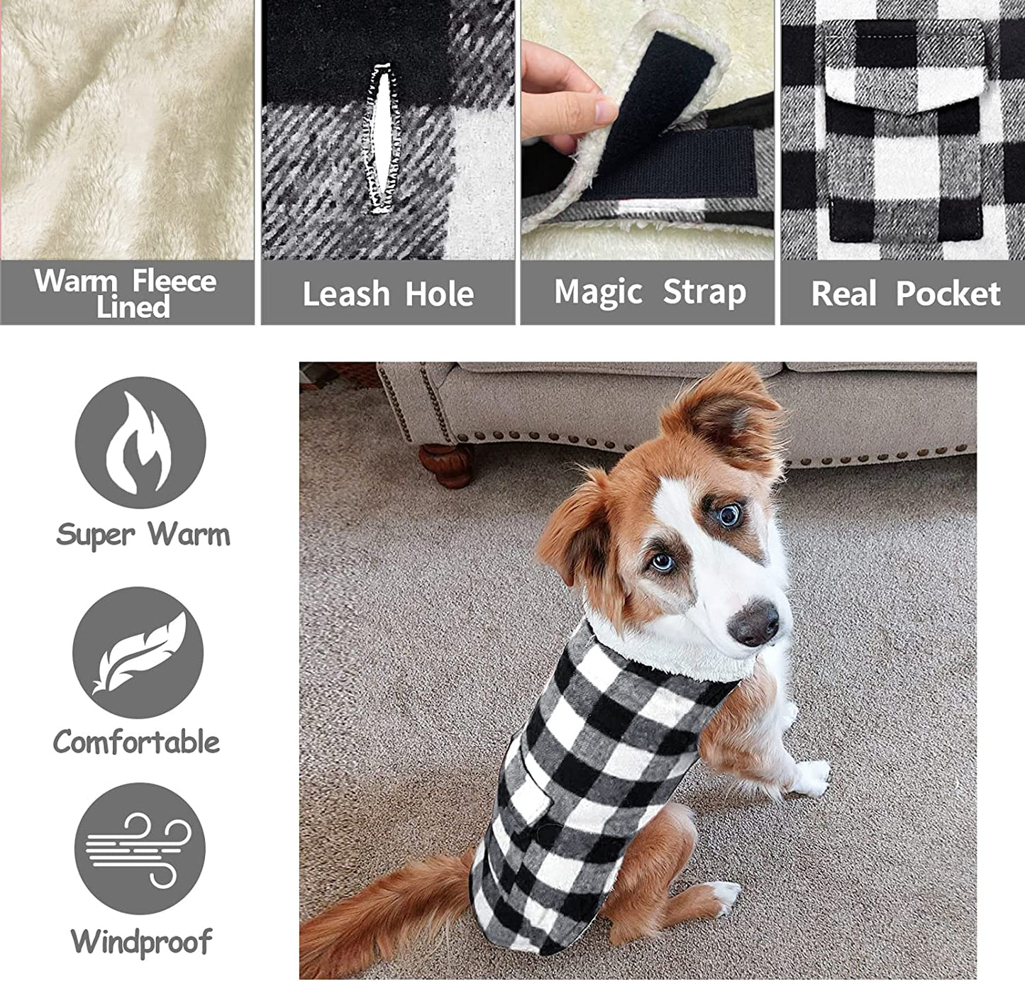 Malier Dog Winter Coat, Classic Plaid Fleece Dog Cold Weather Coats Dog Jacket with Pocket, Windprood Warm Dog Coat Vest Winter Pet Clothes Apparel for Small Medium Large Dogs (White, Small) Animals & Pet Supplies > Pet Supplies > Dog Supplies > Dog Apparel Malier   