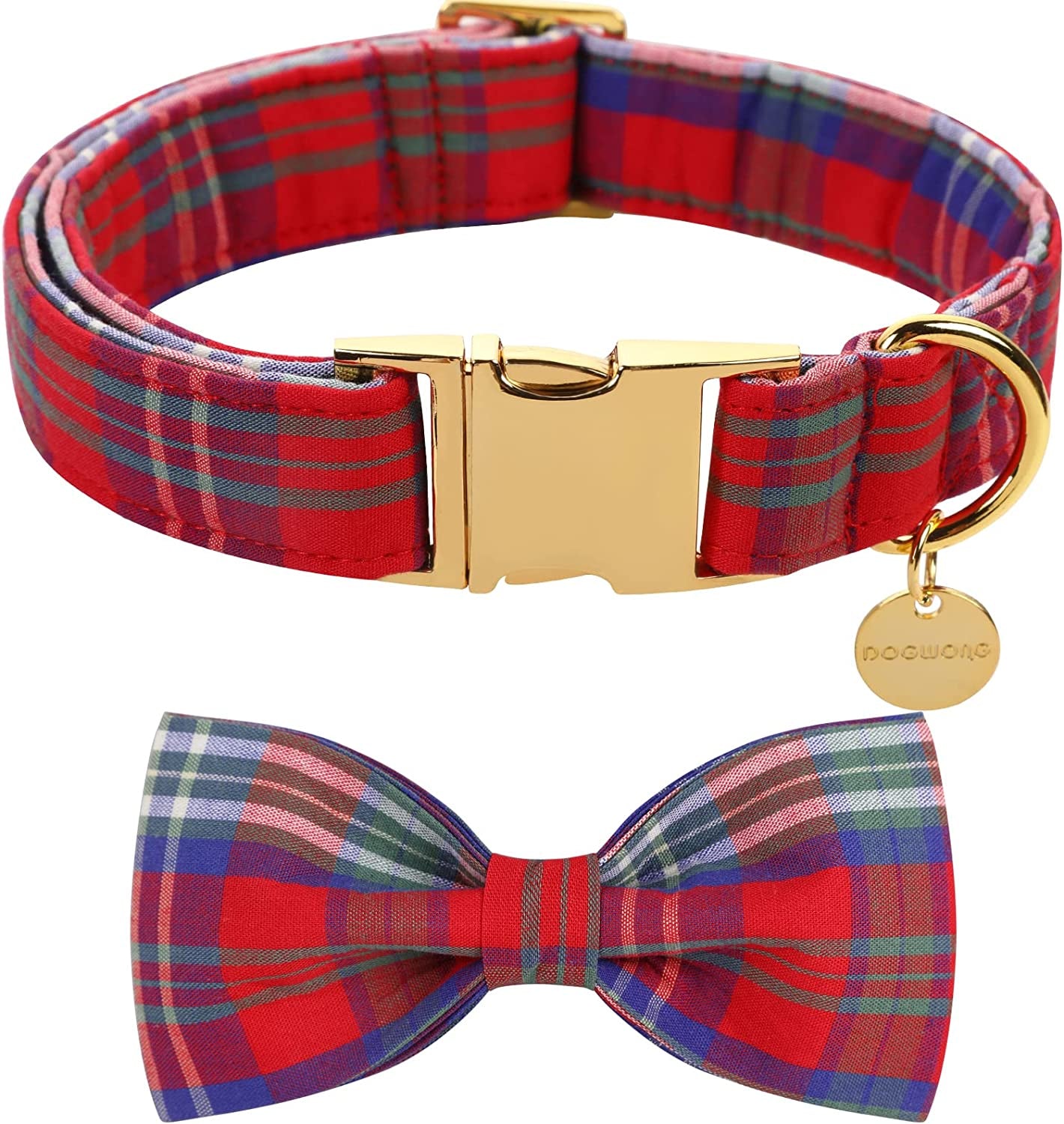 DOGWONG Cotton Dog Collar with Bow Tie, Christmas Dog Collar Red Santa Claus Durable Pet Collar Puppy Collar for Small Medium Large Dog Animals & Pet Supplies > Pet Supplies > Dog Supplies > Dog Apparel DOGWONG Christmas plaid S(Pack of 1) 