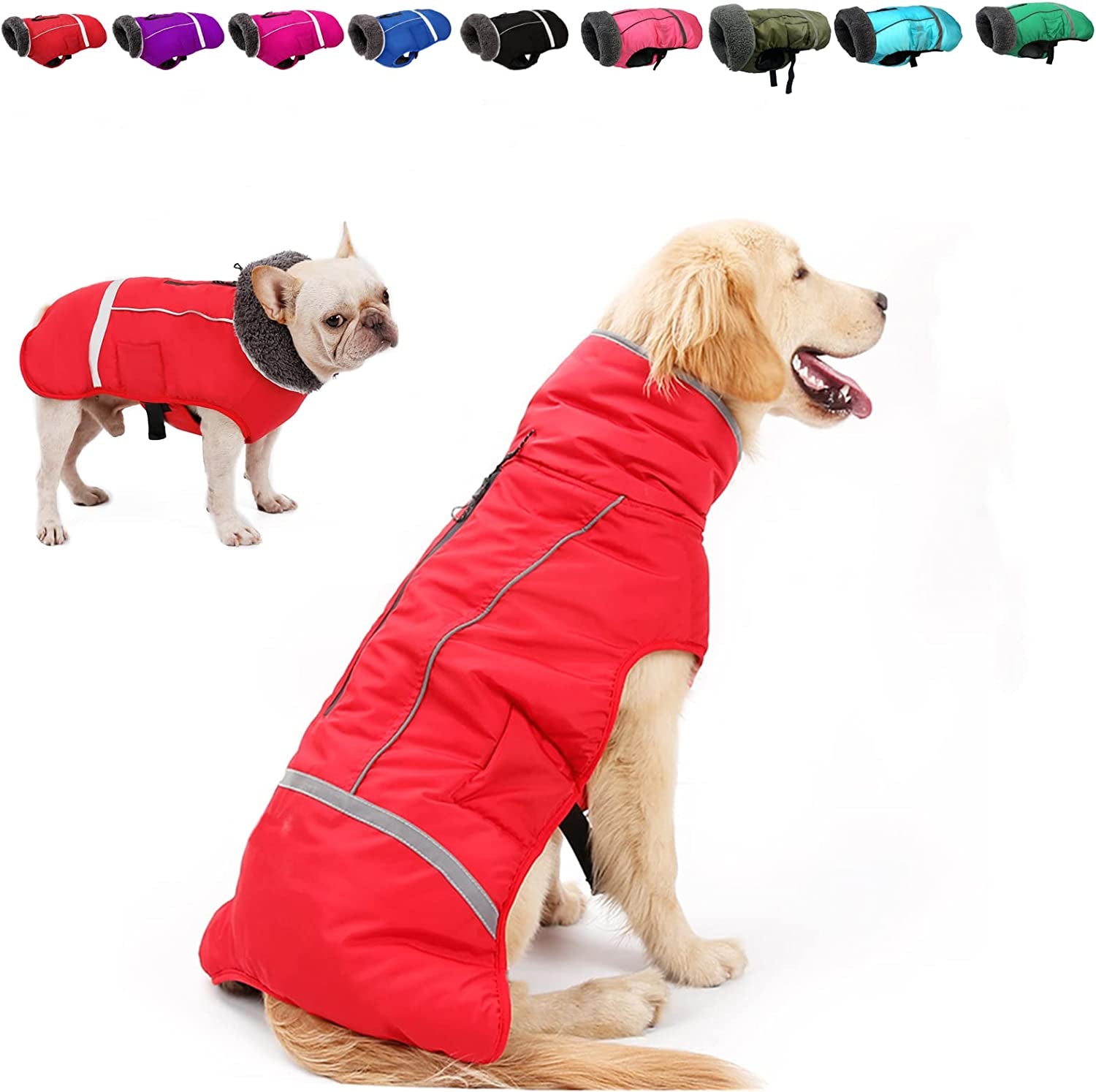 Doglay Dog Winter Coat with Thicken Furry Collar, Reflective Warm Pet Jacket Fleece Lining Waterproof Windproof Dog Clothes for Cold Weather, Soft Puppy Vest Apparel for Small Medium Large Dogs Animals & Pet Supplies > Pet Supplies > Dog Supplies > Dog Apparel Doglay Red M(Chest : 15.75-23.6" , Back : 13") 