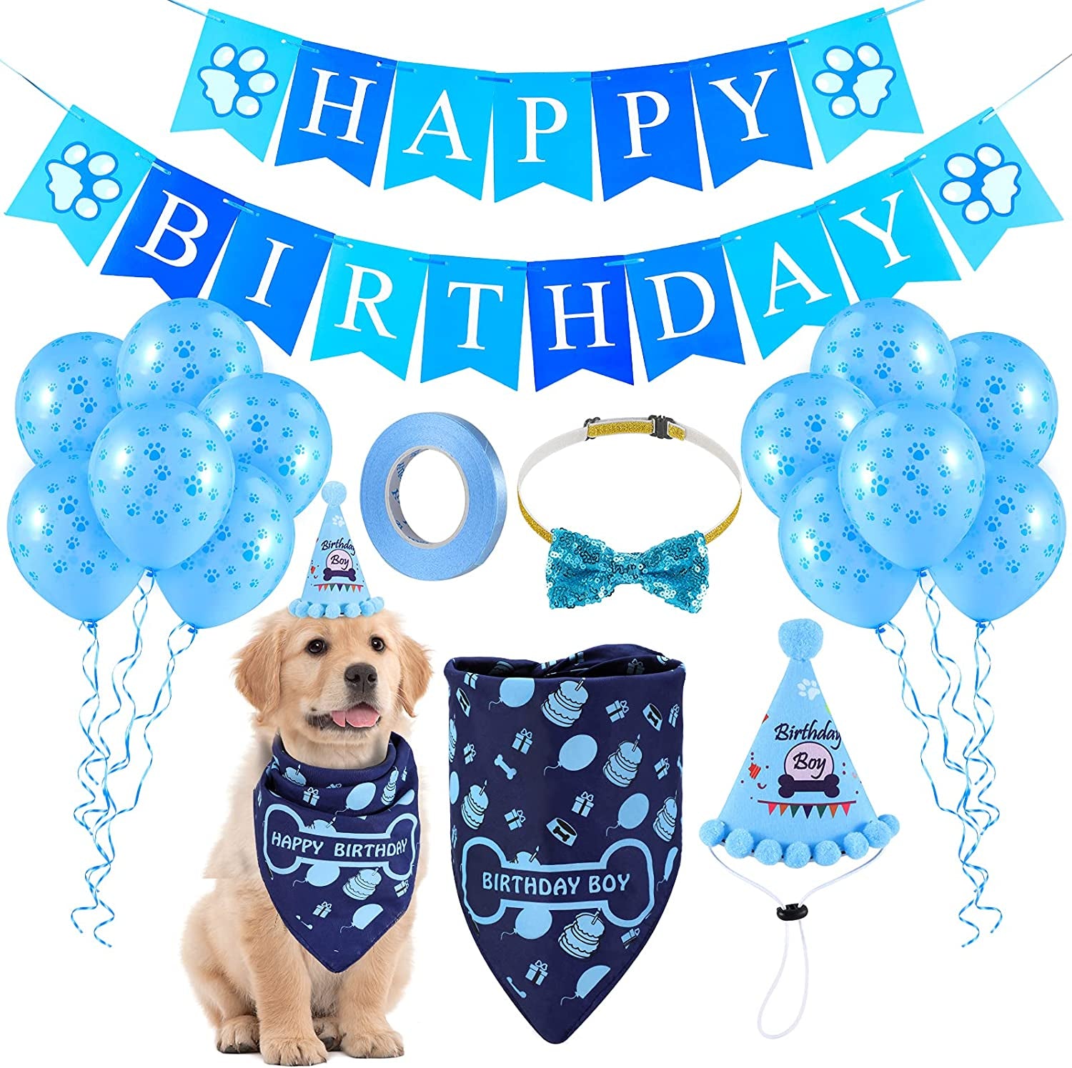 LIGNEST 16 PCS Dog Birthday Party Supplies Set - Dog Birthday Bandana Set with Dog Birthday Hat, Scarf, Flag, Balloons, and Cute Puppy Bow Tie for Small, Medium & Large Dogs (Blue (Boy)) Animals & Pet Supplies > Pet Supplies > Dog Supplies > Dog Apparel LIGNEST Blue (Boy)  