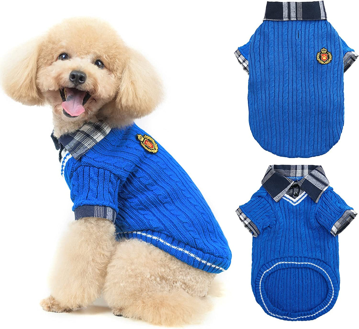 PUPTECK Soft Warm Dog Sweater Cute Knitted Dog Winter Clothes Classic Plaid Dog Coats for Cats Small Medium Puppy Dogs Animals & Pet Supplies > Pet Supplies > Dog Supplies > Dog Apparel PUPTECK Blue M: chest girth: 22", back length: 16" 