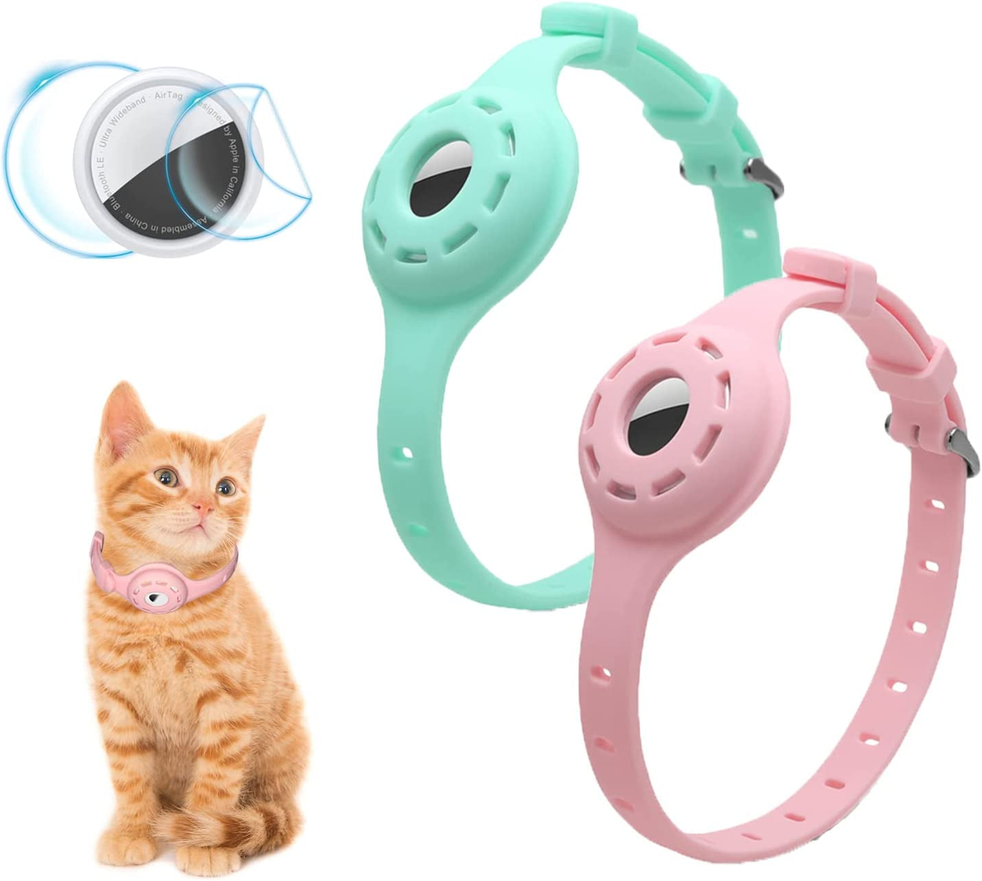 Airtag Cat Collar Airtag Dog Collar Holder with 1 HD Protective Film 4.8-12.8Inch Soft Silicone Dog Collars for Apple Airtag on Small Cats Small Dogs (Pink)