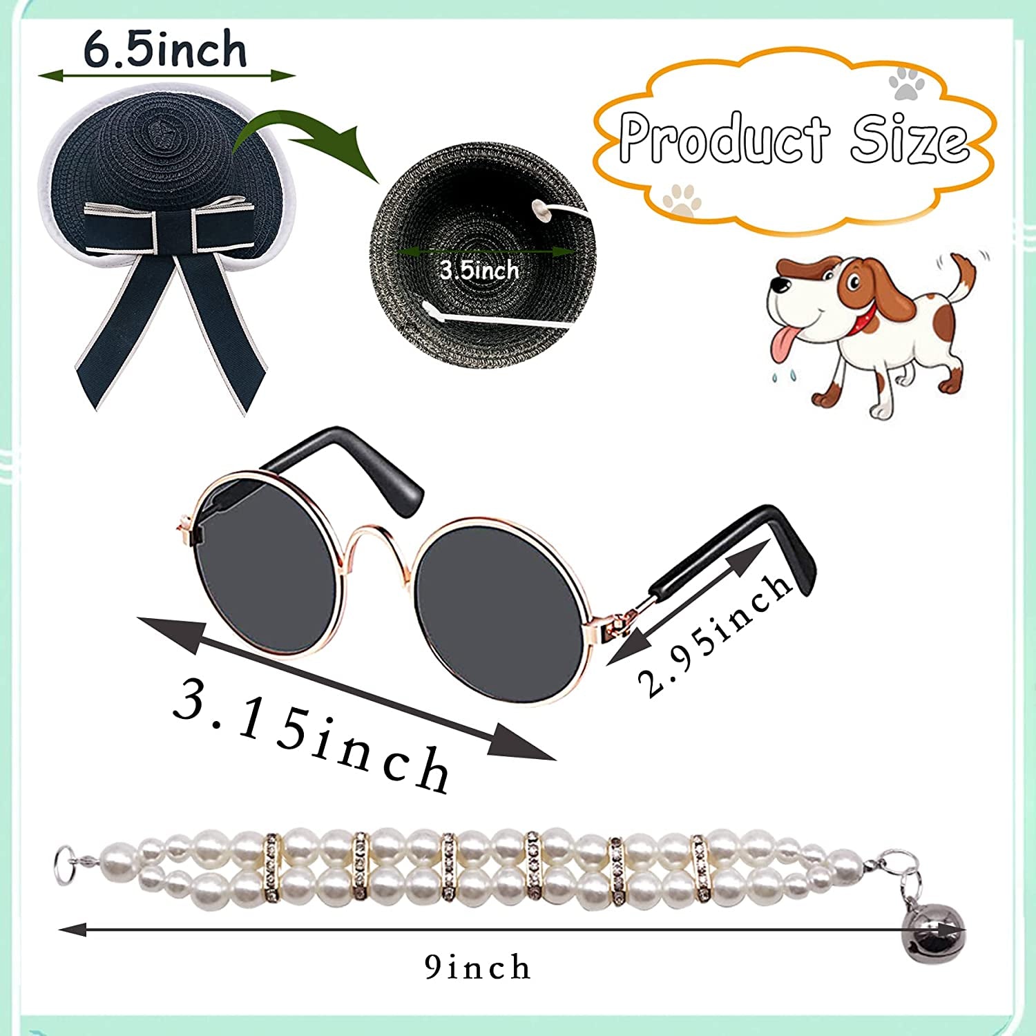 Pai Sence 2Pcs Small Dogs Straw Hat with Big Bows 2Pcs Sunglasses and 2Pcs Faux Pearl Rhinestone Adjustable Necklaces Birthday Party Grooming Sets Photo Props Animals & Pet Supplies > Pet Supplies > Dog Supplies > Dog Apparel Pai Sence   