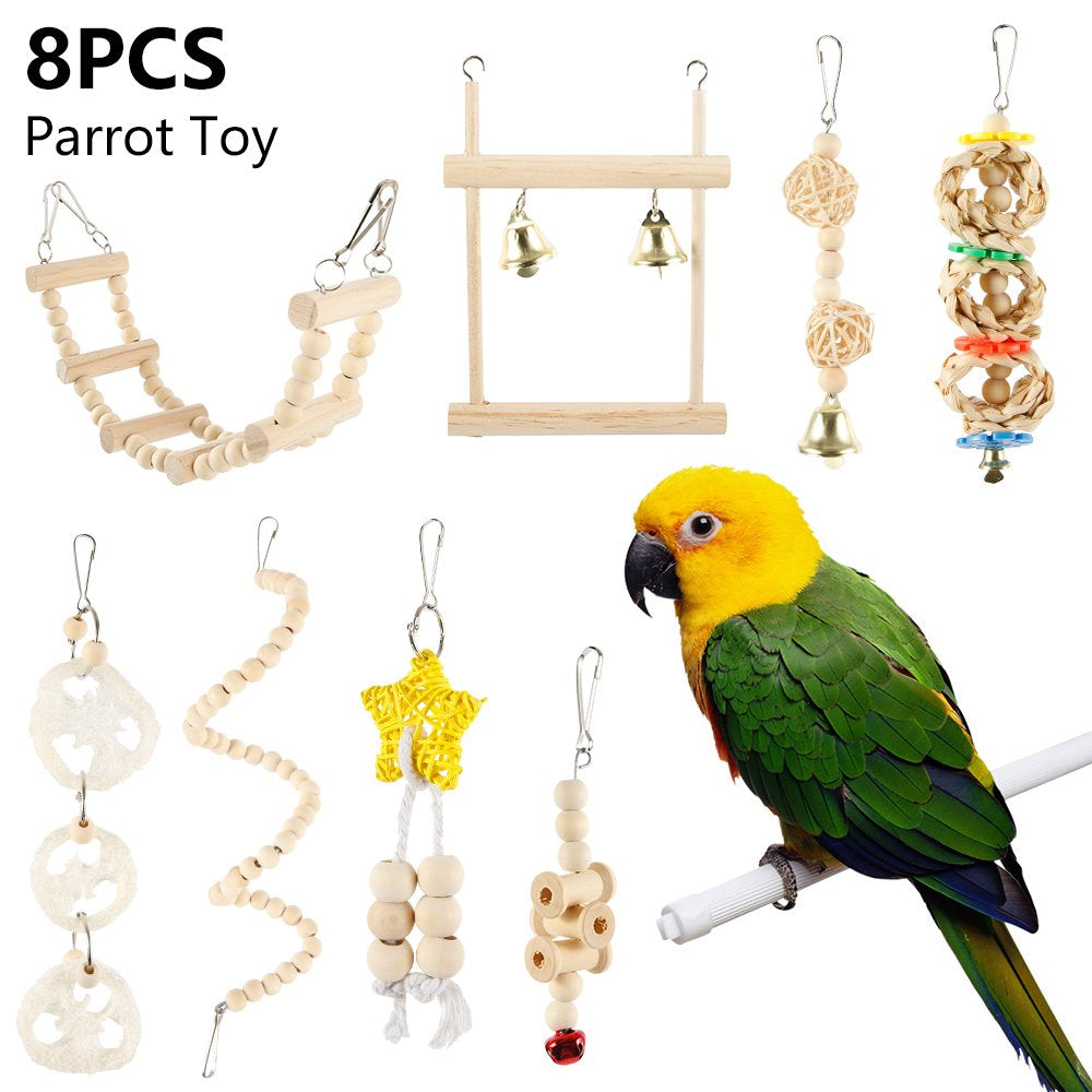 HOTBEST 8PCS Small Bird Swing Toys, 8 PCS Parrots Chewing Natural Wood and Rope Bungee Bird Toy for Anchoies, Parakeets, Cockatiel, Conure, Mynah, Macow and Other Small Birds Animals & Pet Supplies > Pet Supplies > Bird Supplies > Bird Toys HOTBEST   