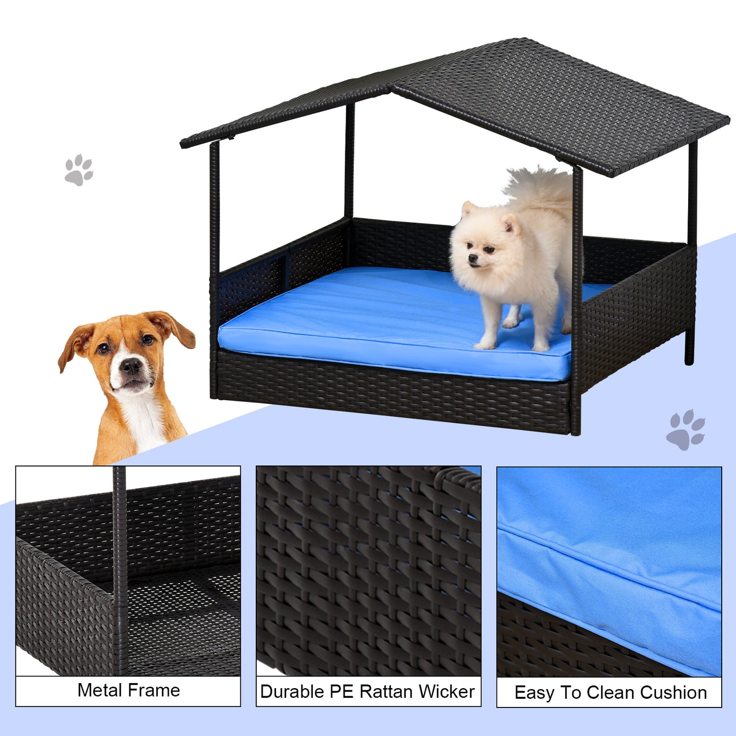 Pawhut Wicker Dog House Raised Rattan Bed for Indoor/Outdoor with Cushion Lounge, Blue Animals & Pet Supplies > Pet Supplies > Dog Supplies > Dog Houses Pawhut   