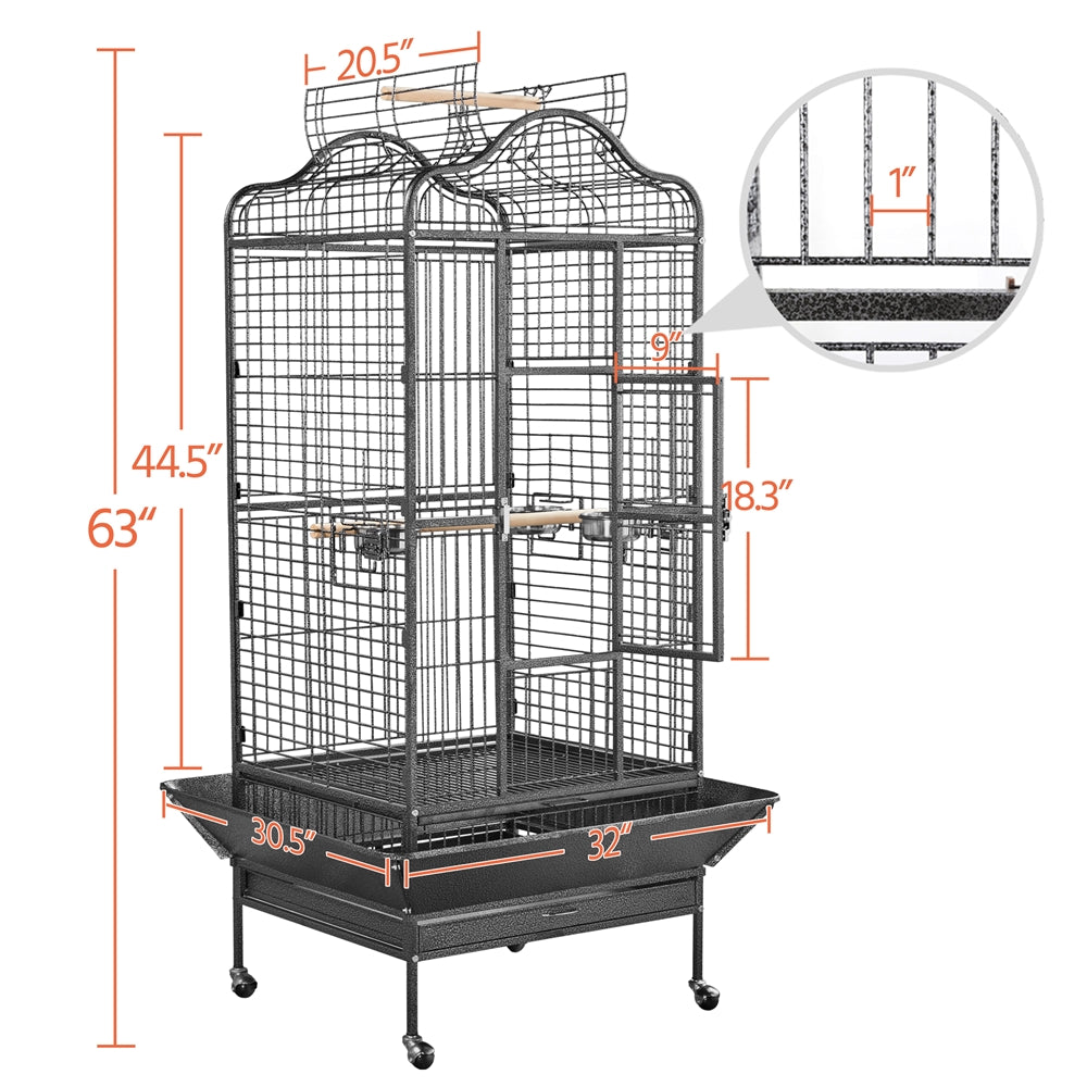 Topeakmart 63" H Playtop Large Rolling Metal Bird Cage Extra Large Birdcage with Stand Black Animals & Pet Supplies > Pet Supplies > Bird Supplies > Bird Cages & Stands Topeakmart   