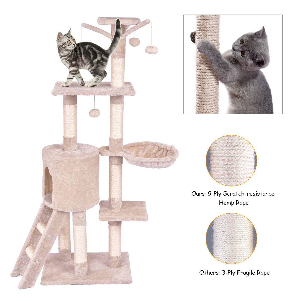 Gymax 56'' Cat Tree Kitten Pet Play House Furniture Condo Scratching Posts Ladder Beige Animals & Pet Supplies > Pet Supplies > Cat Supplies > Cat Furniture Gymax   