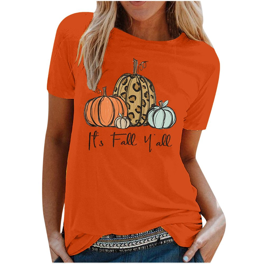 It'S Fall Y'All Women Tops Short Sleeve Pumpkin Graphic Tees Shirts 2022 round Neck Cute T-Shirt Animals & Pet Supplies > Pet Supplies > Cat Supplies > Cat Apparel BRKEWI C-Orange S 