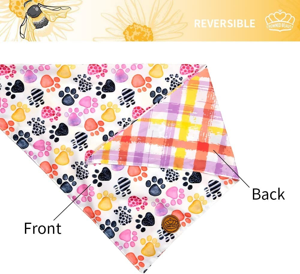 CROWNED BEAUTY Spring Dog Bandanas Reversible Large 2 Pack, Paws Set, Plaid Stripes Adjustable Triangle Holiday Purple Scarves for Medium Large Extra Large Dogs Pets DB40-L Animals & Pet Supplies > Pet Supplies > Dog Supplies > Dog Apparel CROWNED BEAUTY   
