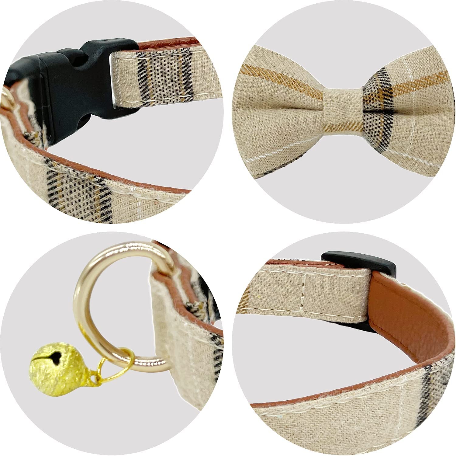 KUDES Plaid Dog Collar with Bow, 2 Pack/Set Adjustable Cute Dog Bow Tie Collars with Bell, Best Pet Gift for Small Medium Large Boy Male Dogs, Beige & Brown (S(9.6''-13.8''), Beige & Brown) Animals & Pet Supplies > Pet Supplies > Dog Supplies > Dog Apparel Leegoo   