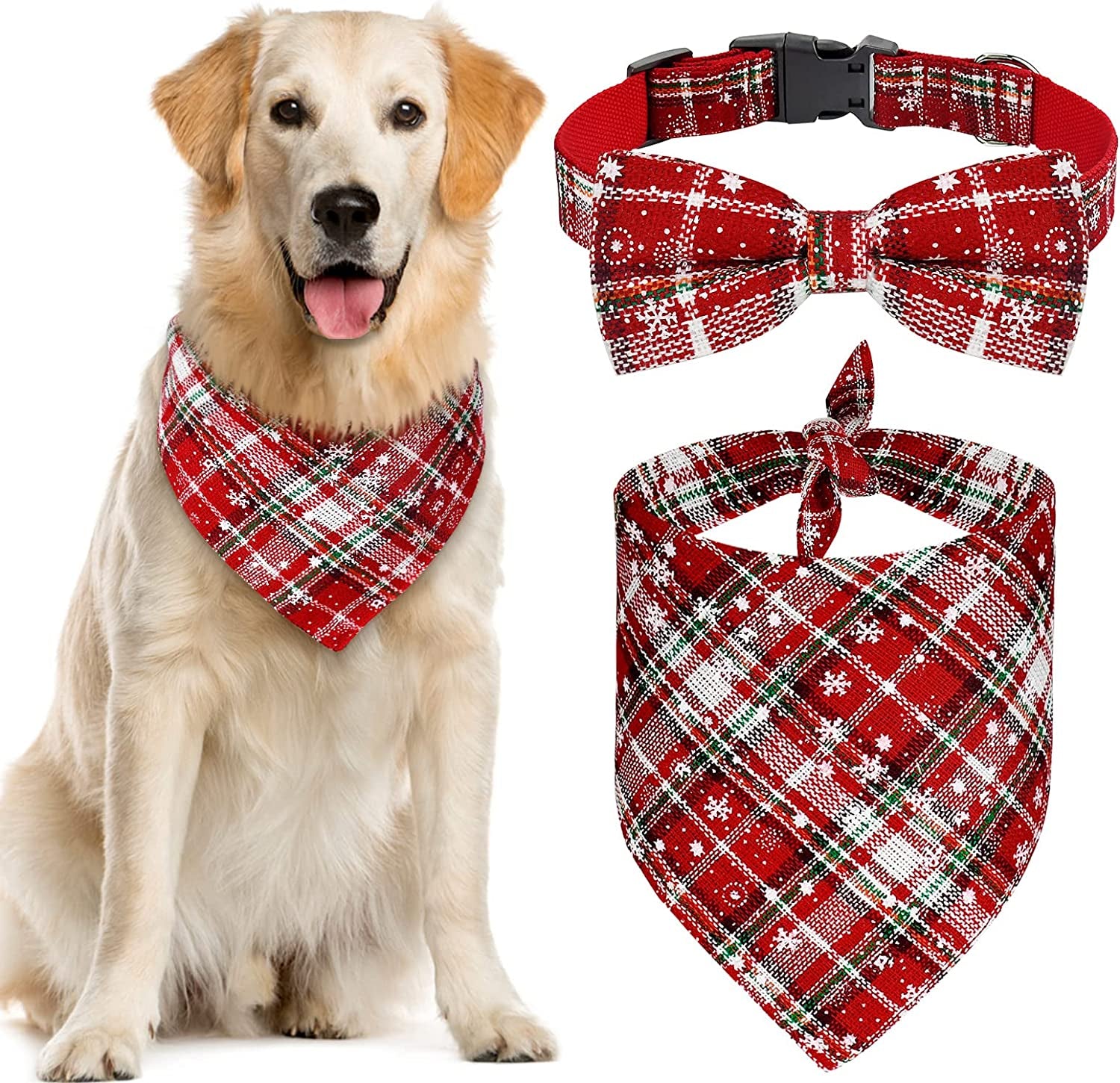 Malier Christmas Dog Bandana and Collar Set Plaid Pattern Dog Scarf Triangle Bibs Kerchief Adjustable Collars with Bow Tie Pet Costume Accessories for Dogs Pets Animals & Pet Supplies > Pet Supplies > Dog Supplies > Dog Apparel Malier White & Red Large 