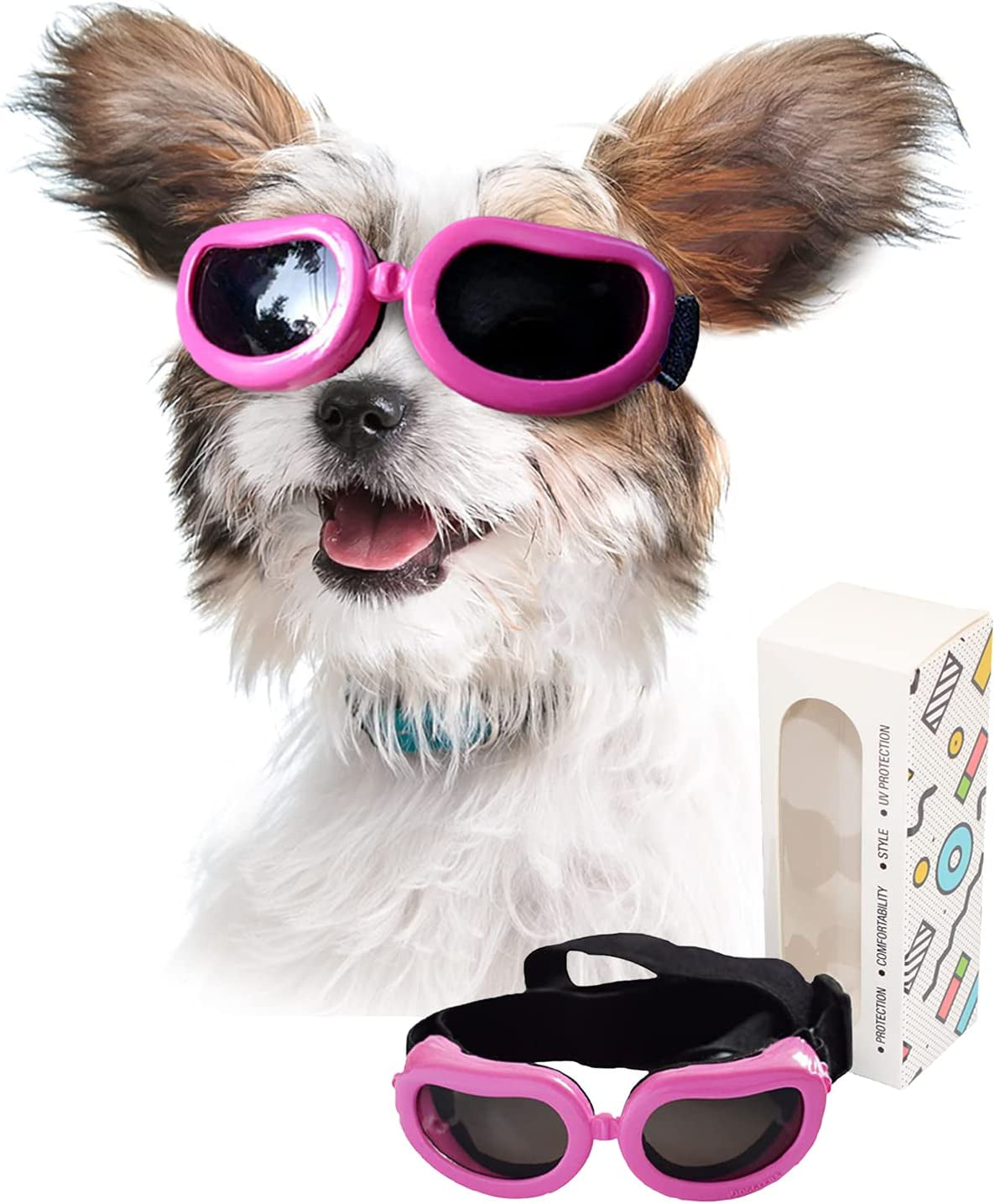 PETLESO Dog Goggles Small Breed, Dog Sunglasses Small Breed Eye Protectie Goggles for Small Dogs Outdoor Riding Driving, Black Animals & Pet Supplies > Pet Supplies > Dog Supplies > Dog Apparel PETLESO Pink  