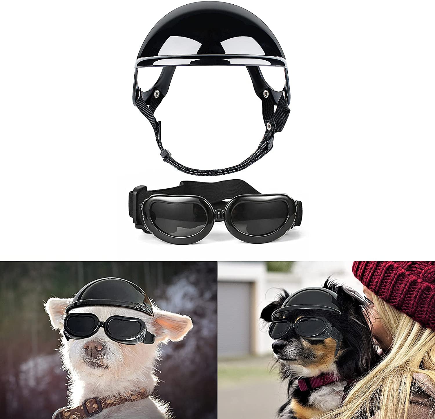 Dog Sunglasses Small Breed, UV Protection Small Dog Goggles, Wind Dust Proof Small Goggles with Adjustable Straps, Black Animals & Pet Supplies > Pet Supplies > Dog Supplies > Dog Apparel PETLESO Black Goggles+Helmet  