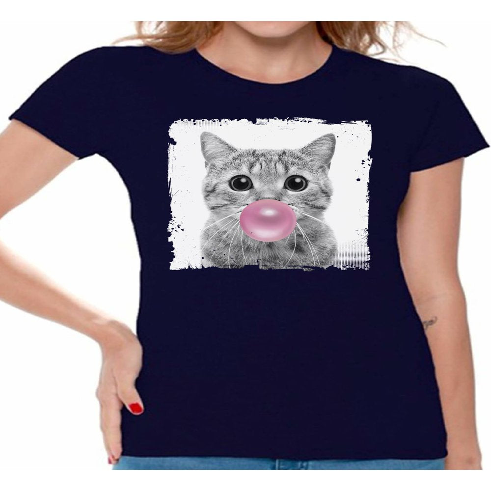 Awkward Styles Baby Cat Shirt Women T Shirt Little Cat Blowing Gum T Shirt Funny Animal Clothes T-Shirt for Woman Funny Animal Lovers Gifts for Her Cat Clothing Cat T Shirt Cute Animal T Shirt Animals & Pet Supplies > Pet Supplies > Cat Supplies > Cat Apparel Awkward Styles Navy S 