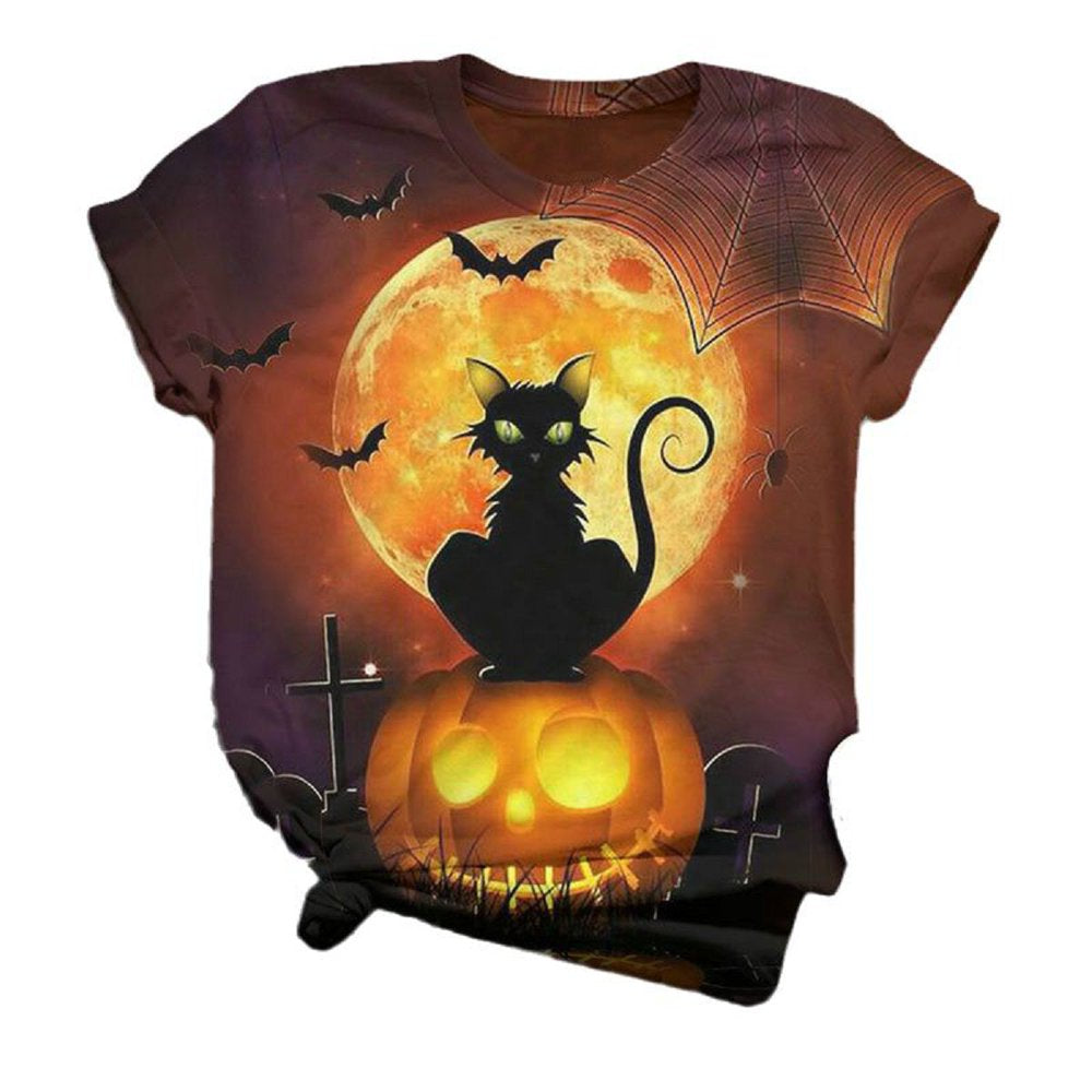 Sherrylily Women Halloween Fall T Shirts Pumpkin Lantern Cat Witch Print Tops Animals & Pet Supplies > Pet Supplies > Cat Supplies > Cat Apparel Sherrylily Yellow 2XL 