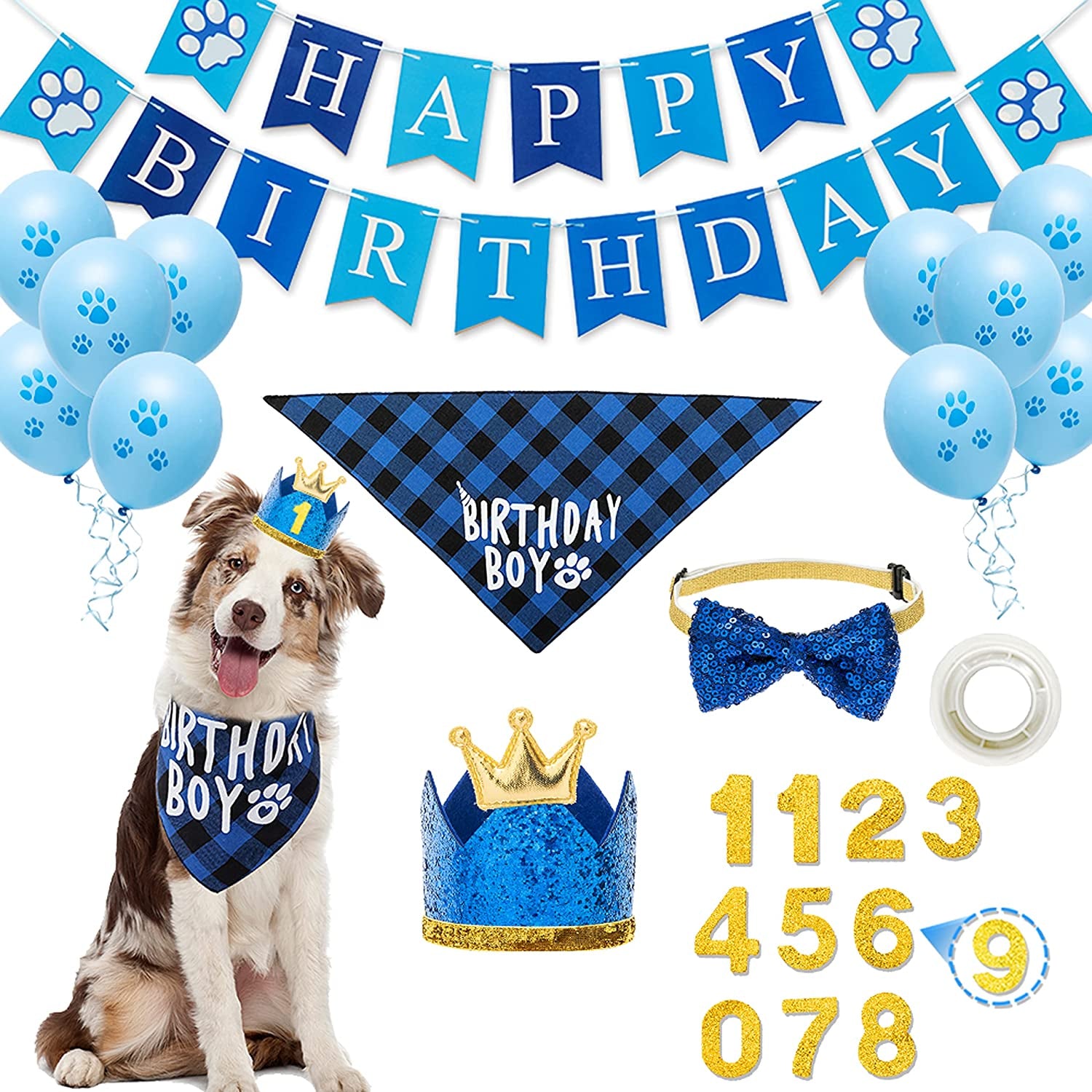 FLYSTAR Dog Birthday Bandana with Hat and Number - Plaid Cute Doggy Bandana for Small Medium Large Dogs Boy- Blue Triangle Scarf Bibis Party Dog Outfits Animals & Pet Supplies > Pet Supplies > Dog Supplies > Dog Apparel FLYSTAR 15 pcs set  