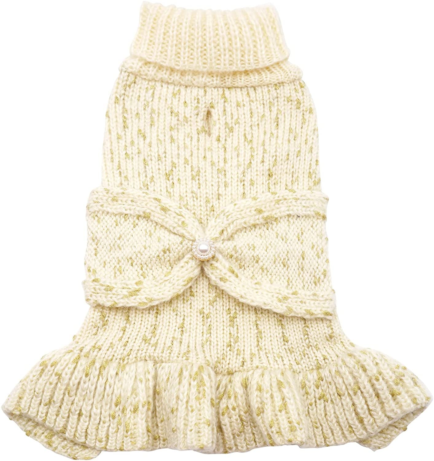 KYEESE Dog Sweater Dress with Golden Thread Turtleneck Dog Knitwear with Bowtie for Small Dogs Dog Coat Fall Winter, Beige,M Animals & Pet Supplies > Pet Supplies > Dog Supplies > Dog Apparel kyeese 2#Golden Thread (Beige) X-Large (19-27lbs) 