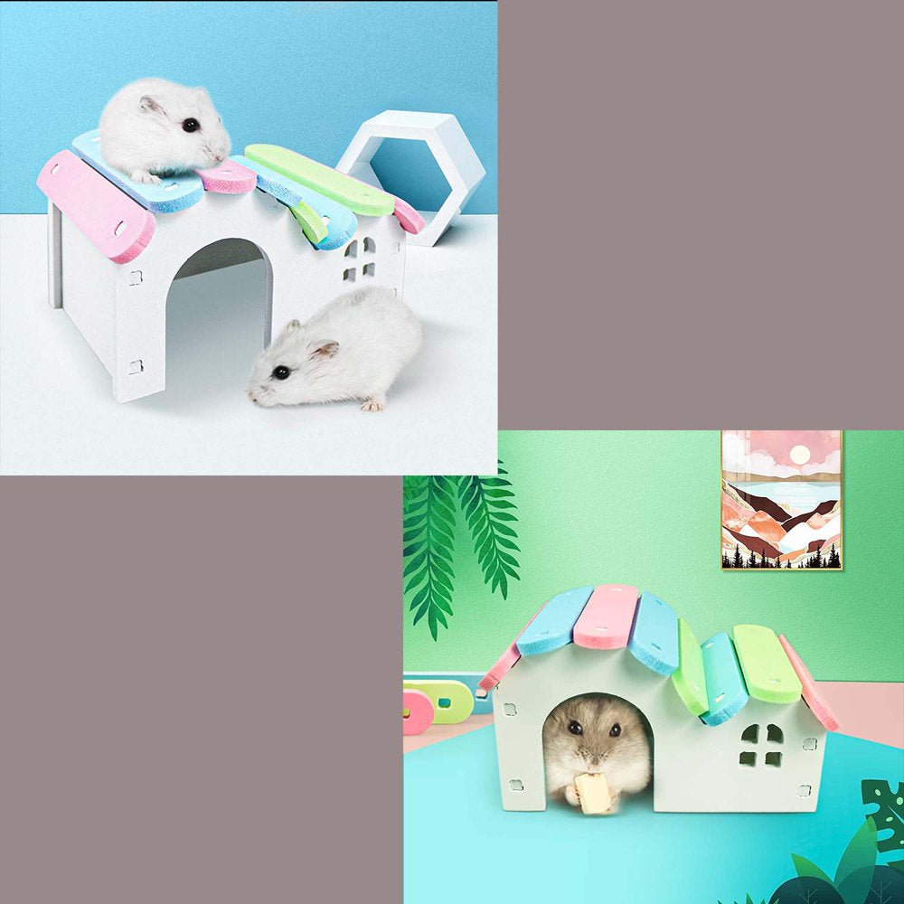 Dwarf Hamsters House DIY Wooden Gerbil Hideout Rainbow Bridge Swing and PVC Seesaw , Pet Sport Exercise Toys Set, Sugar Glider Syrian Hamster Cage Accessories, Suitable for Small Animal Habitat Animals & Pet Supplies > Pet Supplies > Small Animal Supplies > Small Animal Habitats & Cages KOL PET   