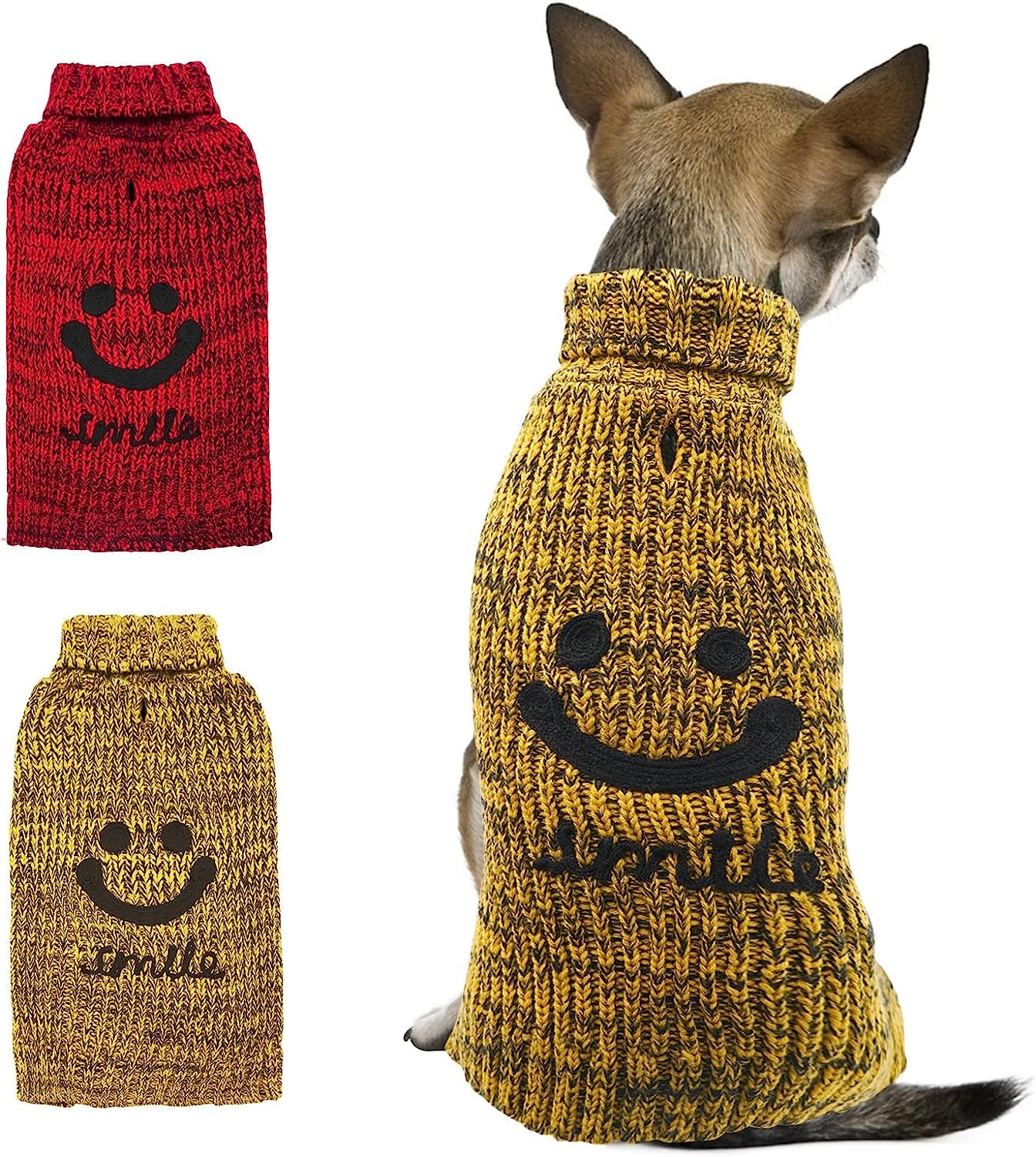 KYEESE Dog Sweater Turtleneck Smile Face Dog Knitwear with Leash Hole for Small Dogs Pet Sweater,Red,M Animals & Pet Supplies > Pet Supplies > Dog Supplies > Dog Apparel kyeese (Smile) Yellow Large (11-18lbs) 