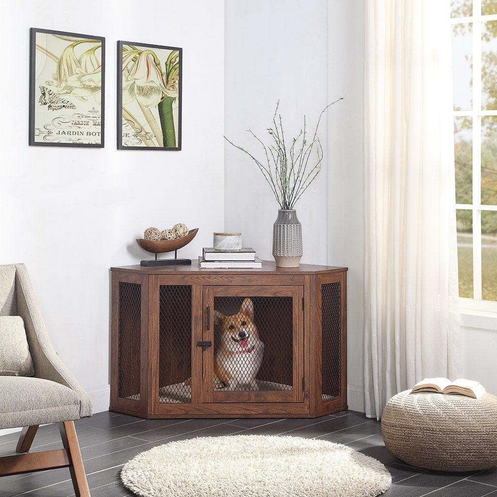 Unipaws Corner Dog Crate, Dog Crate Furniture with Cushion, Dog Kennel with Wood and Mesh, Dog House for Limited Room (Medium, Weather Gray) Animals & Pet Supplies > Pet Supplies > Dog Supplies > Dog Houses Unipaws Walnut  