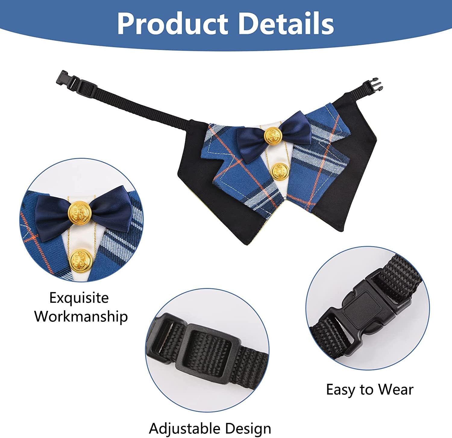 URROMA Preppy Dog Tuxedo, Classic Blue Check Dog Bowtie Collar Formal Pet Collar Bandana Bow Tie Collar for Small Dogs Cat Wedding Costumes, M Animals & Pet Supplies > Pet Supplies > Dog Supplies > Dog Apparel URROMA   