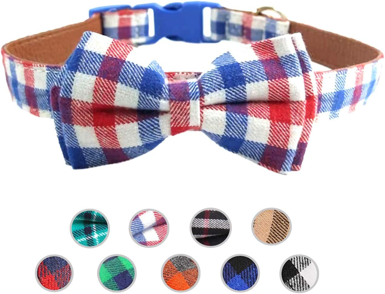 LYSA Dog and Cat Collars ,Detachable Adjustable Bow Tie Collar, British Style Plaid Bowtie--Quality PU Leather and Durable Polyester--Plastic Buckle Light (M, Greenplaid) Animals & Pet Supplies > Pet Supplies > Dog Supplies > Dog Apparel LYSA Red&Blue Plaid S 