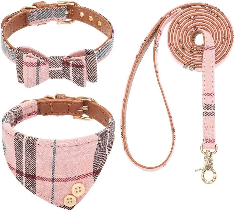 EXPAWLORER Dog Collar and Leash Set - Classic Plaid Dog Bow Tie and Dog Bandana Collar with Bell, Dog Leash Tangle Free, Adjustable Collars for Small Medium Large Dogs Cats, Holiday Ideal Gift Animals & Pet Supplies > Pet Supplies > Dog Supplies > Dog Apparel EXPAWLORER Pink Medium 