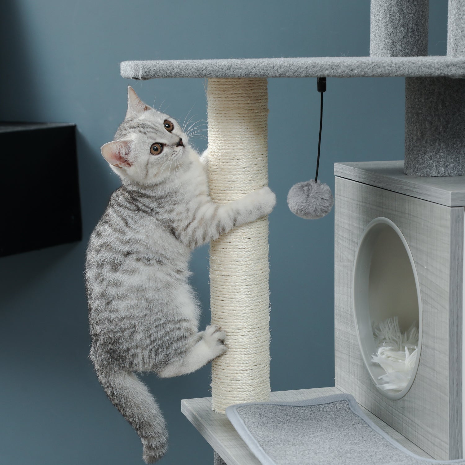 Rarewo Modern Wood Cat Tree Cats Multi Floor Large Play Tower Sisal Scratching Post Kitten Furniture Activity Centre with Condo Playhouse Dangling Toy Grey