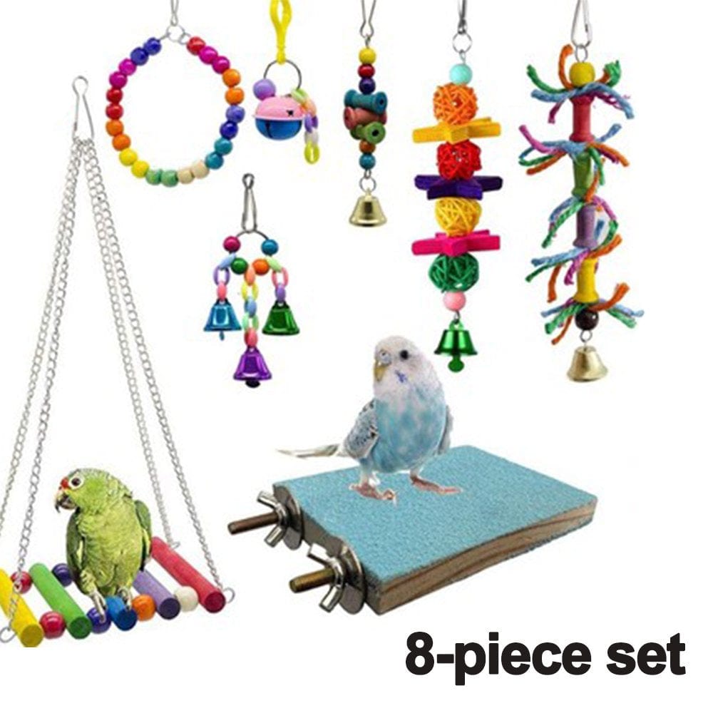 8Pcs Bird Parrot Toys, Natural Wood Bird Swing Climbing Chewing Standing Hanging Perch Hammock Rope Ladder Bell Bird Cage Toys for Budgerigar, Parakeet, Animals & Pet Supplies > Pet Supplies > Bird Supplies > Bird Ladders & Perches Heopbird   