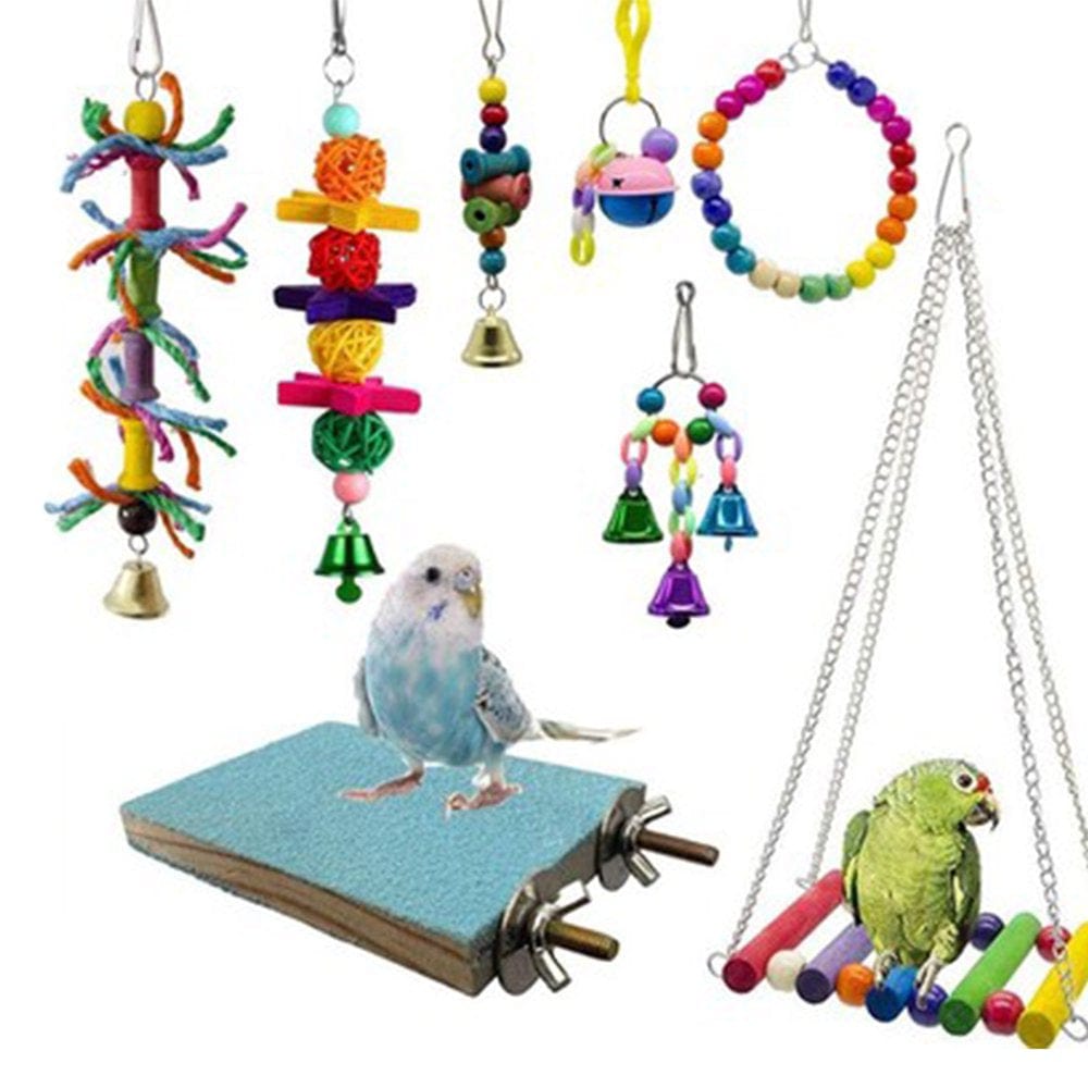 8Pcs Bird Parrot Toys, Natural Wood Bird Swing Climbing Chewing Standing Hanging Perch Hammock Rope Ladder Bell Bird Cage Toys for Budgerigar, Parakeet,