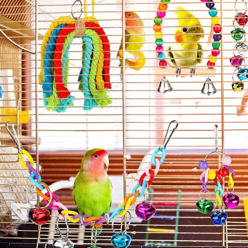 8Pcs Bird Parrot Toys, Natural Wood Bird Swing Climbing Chewing Standing Hanging Perch Hammock Rope Ladder Bell Bird Cage Toys for Budgerigar, Parakeet, Animals & Pet Supplies > Pet Supplies > Bird Supplies > Bird Ladders & Perches Heopbird   