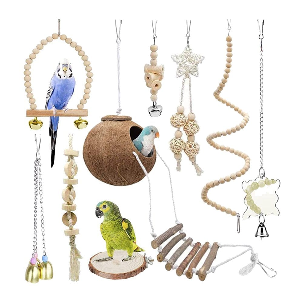 9 Pcs Parrots Chewing Natural Wood and Rope Bird Toy Coconut Hideaway with Ladder,Bird Perch Stand,Bird Cage Accessories Animals & Pet Supplies > Pet Supplies > Bird Supplies > Bird Ladders & Perches Mengmen   