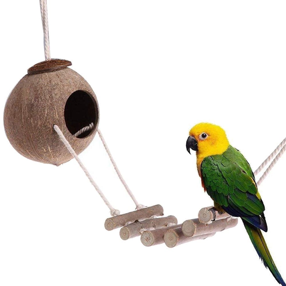 9 Pcs Parrots Chewing Natural Wood and Rope Bird Toy Coconut Hideaway with Ladder,Bird Perch Stand,Bird Cage Accessories Animals & Pet Supplies > Pet Supplies > Bird Supplies > Bird Ladders & Perches KOL PET   