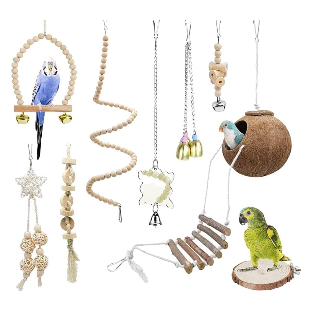 9 Pcs Parrots Chewing Natural Wood and Rope Bird Toy Coconut Hideaway with Ladder,Bird Perch Stand,Bird Cage Accessories Animals & Pet Supplies > Pet Supplies > Bird Supplies > Bird Ladders & Perches KOL PET   