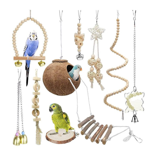 9 Pcs Parrots Chewing Natural Wood and Rope Bird Toy Coconut Hideaway with Ladder,Bird Perch Stand,Bird Cage Accessories