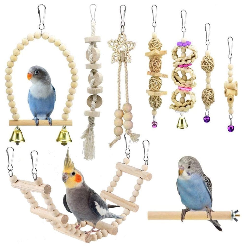 9 Pcs/Set Bird Parrot Swing Toys Chewing Standing Hanging Perch Hammock Climbing Ladder Bird Cage for Budgerigar Parakeet Conure Cockatiel Mynah Love Birds Finches Animals & Pet Supplies > Pet Supplies > Bird Supplies > Bird Ladders & Perches WANGFUFU   