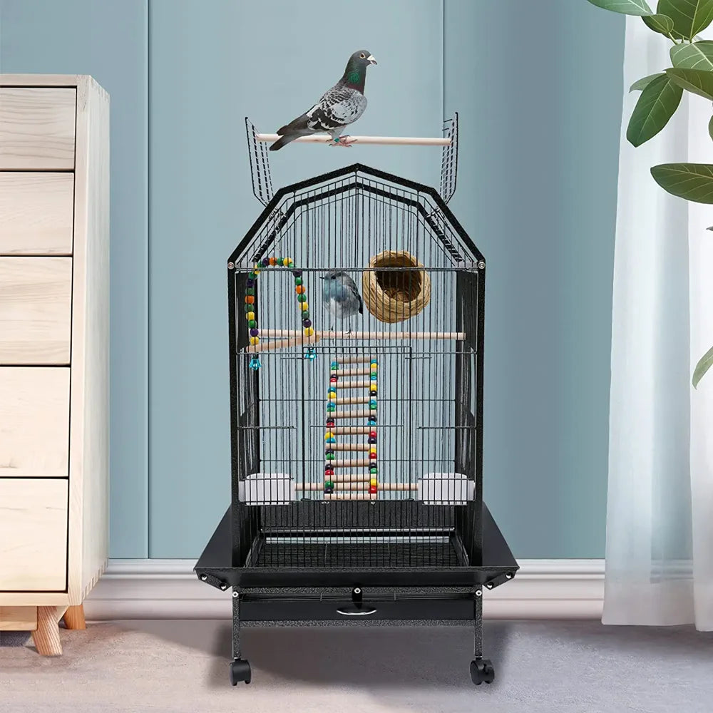 Miumaeov Black Iron Parakeet Bird Cage with Stand Metal Panorama Pet Bird Flight Cages with Wheels Feeding Cups and Standing Poles Animals & Pet Supplies > Pet Supplies > Bird Supplies > Bird Cages & Stands Miumaeov L  