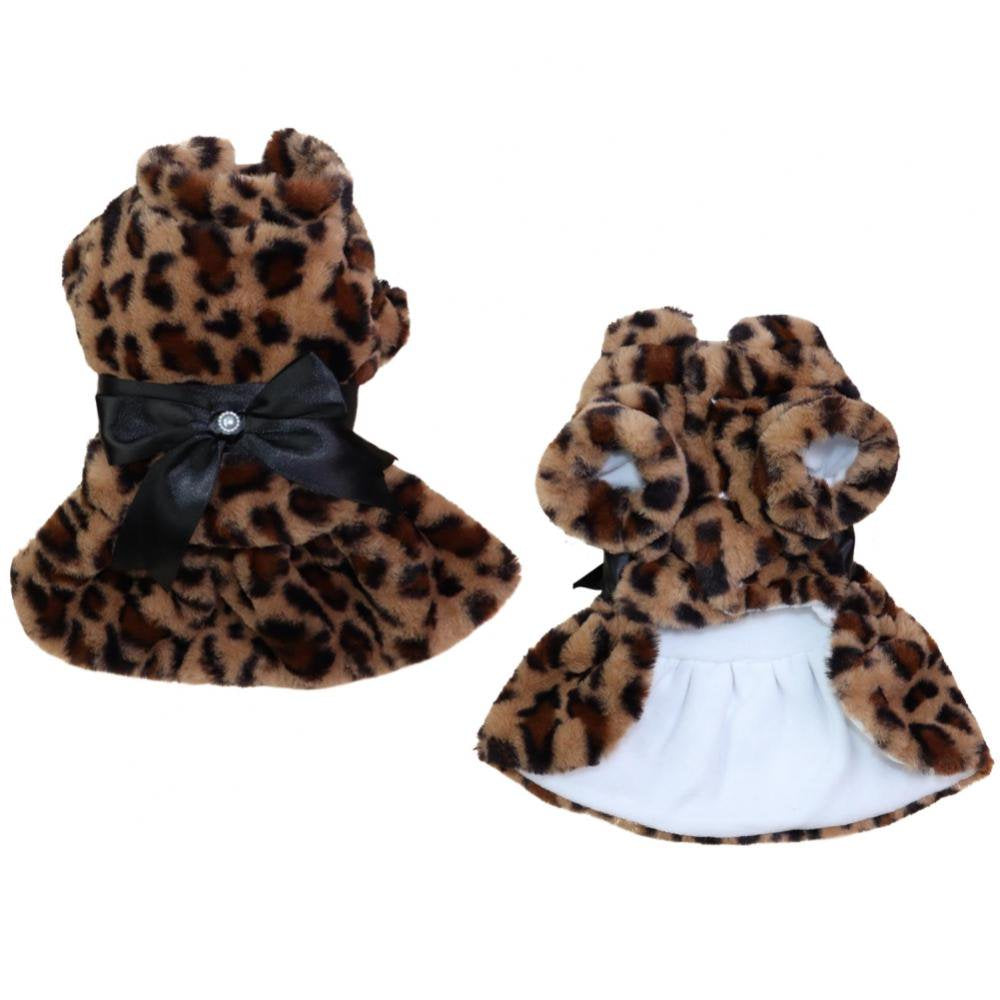 Hazel Tech Warm Pet Dog Dress Bowknot Leopard Dogs Skirt Fleece Soft for Small Puppy Dresses Pet Dog Cats Clothes Chihuahua Pug Apparel Animals & Pet Supplies > Pet Supplies > Cat Supplies > Cat Apparel Hazel Tech S Leopard 