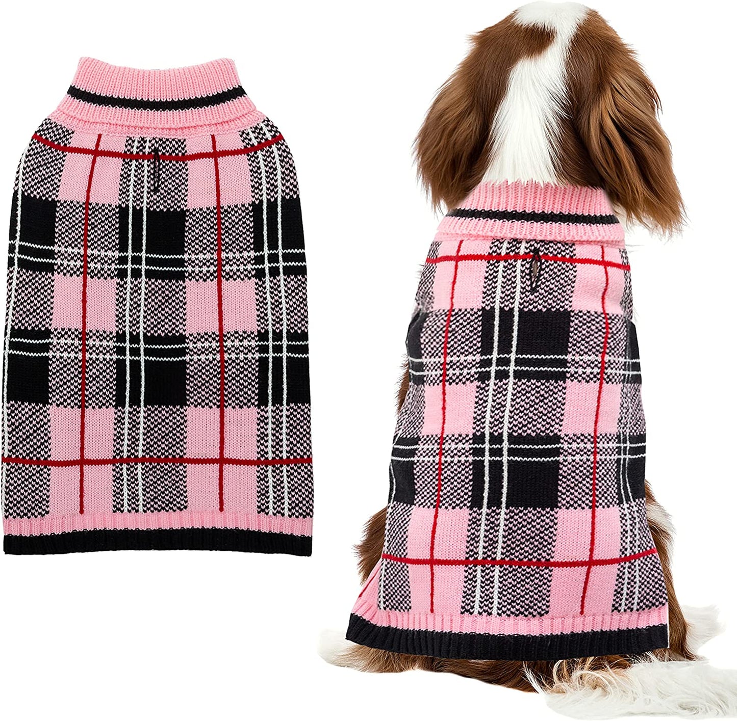 Dog Sweater for Small Medium Large Dog - Pink Plaid Christmas Winter Dog Sweater Vest for Cold Weather - Knitted Turtleneck Warm Pullover Dog Clothes with Leash Hole (S-XL) Animals & Pet Supplies > Pet Supplies > Dog Supplies > Dog Apparel MIMLOB Pink M: neck 13"-15", chest 21"-24" 