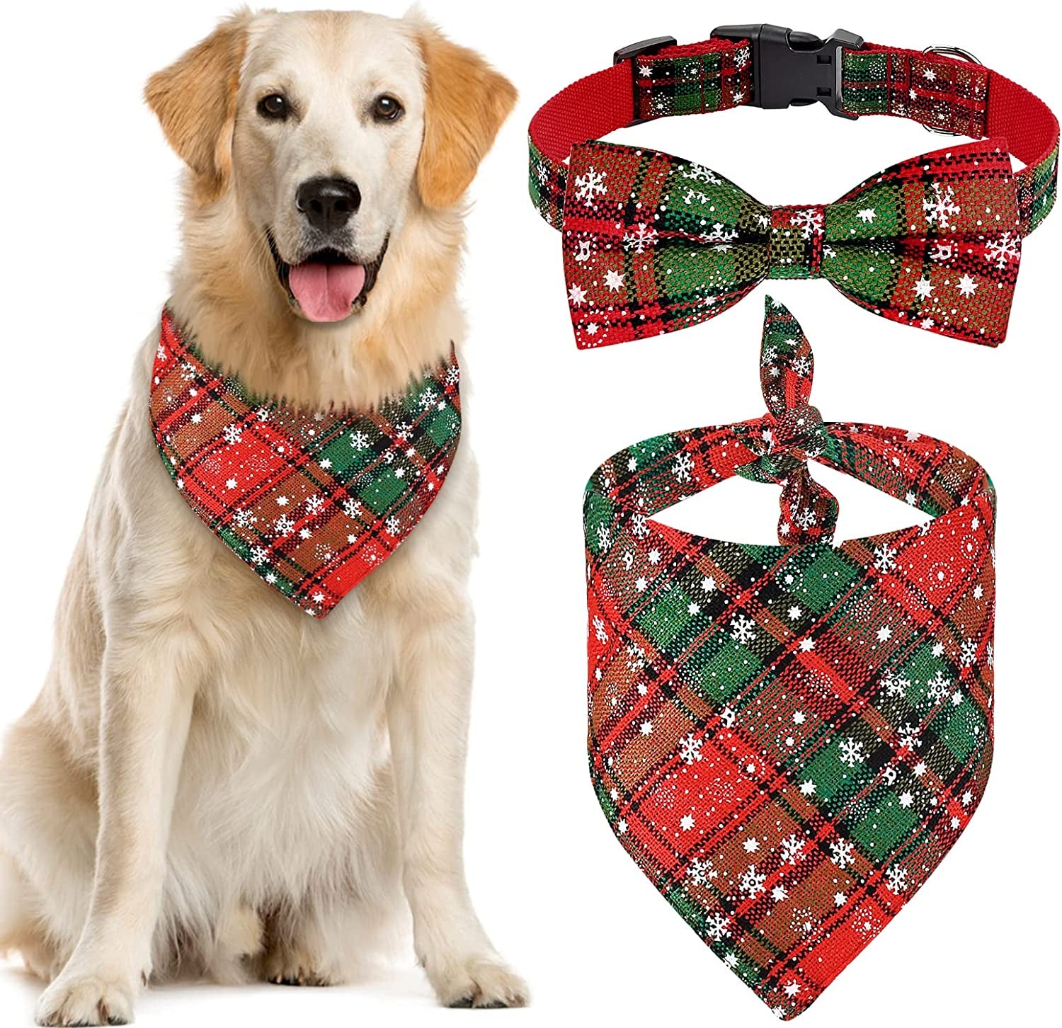 Malier Dog Bandana and Collar Set Pet Christmas Classic Plaid Snowflake Dog Scarf Triangle Bibs Kerchief Adjustable Collars with Bow Tie Pet Costume for Cats Dogs Pets (Large) Animals & Pet Supplies > Pet Supplies > Dog Supplies > Dog Apparel Malier Green & Black Small 