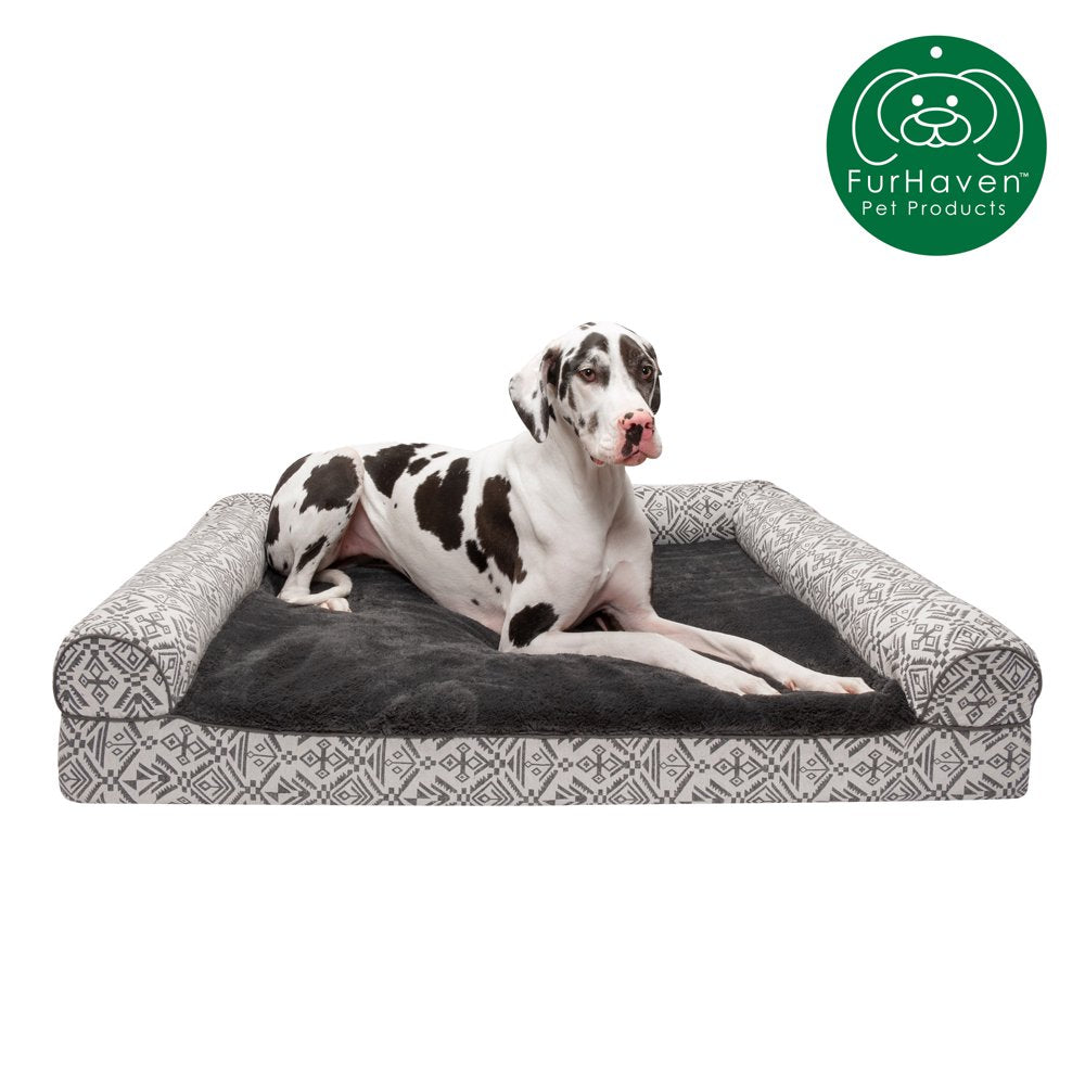 Furhaven Pet Products | Memory Foam Southwest Kilim Sofa-Style Couch Bed for Dogs & Cats, Black Medallion, Jumbo Plus