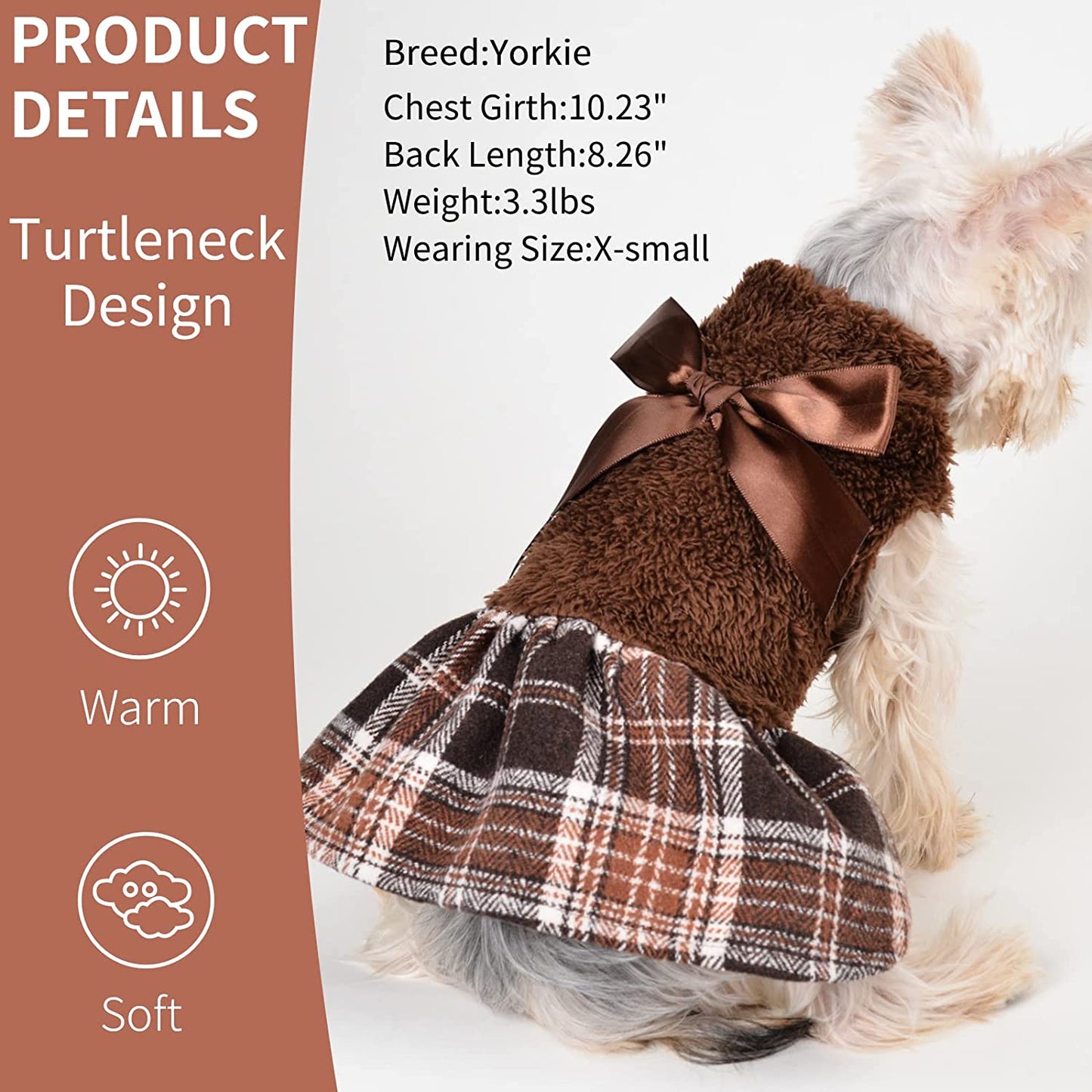 Yikeyo Fuzzy Dog Plaid Sweater Dress, Winter Warm Female Dog Clothes for Small Dogs Girl, Pet Outfit, Cat Apparel (Medium, Brown) Animals & Pet Supplies > Pet Supplies > Dog Supplies > Dog Apparel Yikeyo   