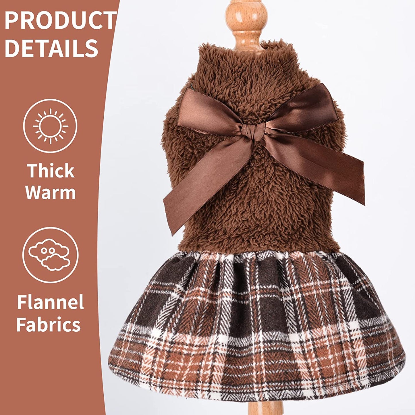 Yikeyo Fuzzy Dog Plaid Sweater Dress, Winter Warm Female Dog Clothes for Small Dogs Girl, Pet Outfit, Cat Apparel (Medium, Brown) Animals & Pet Supplies > Pet Supplies > Dog Supplies > Dog Apparel Yikeyo   