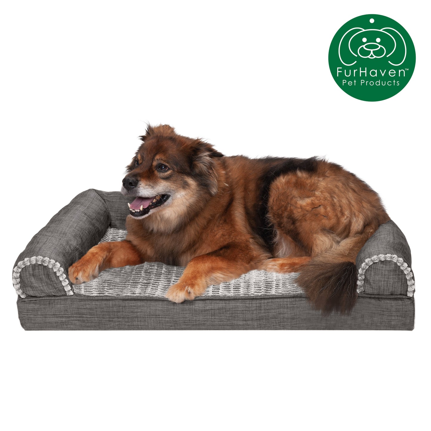 Furhaven Pet Products Cooling Gel Memory Foam Orthopedic Luxe Fur & Performance Linen Sofa-Style Couch Pet Bed for Dogs & Cats, Woodsmoke, Jumbo Animals & Pet Supplies > Pet Supplies > Cat Supplies > Cat Beds FurHaven Pet Cooling Gel Foam L Charcoal