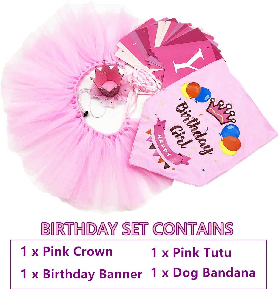 ADOGGYGO Dog Birthday Bandana Girl - Birthday Party Supplies - Pink Tutu Skirt Crown Hat Scarf Happy Birthday Banner Dog Girl Birthday Outfit for Pet Puppy Cat Girl (Pink) Animals & Pet Supplies > Pet Supplies > Dog Supplies > Dog Apparel ADOGGYGO   