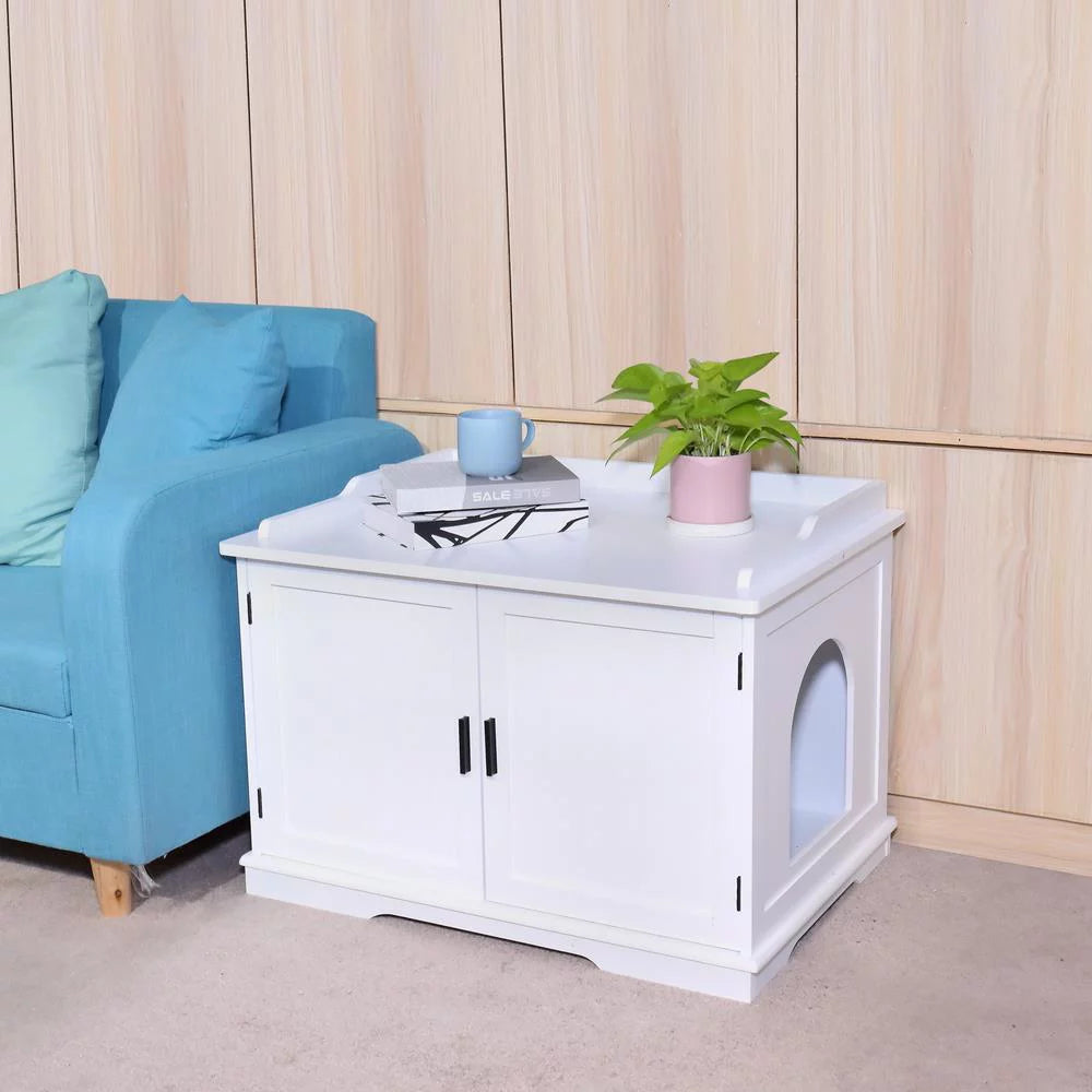 Easingroom Double-Door Wooden Cat Litter Box Enclosure Cabinet, Indoor Hidden Pet Crate Cat House Bench Furniture, White Animals & Pet Supplies > Pet Supplies > Cat Supplies > Cat Furniture KOL PET   