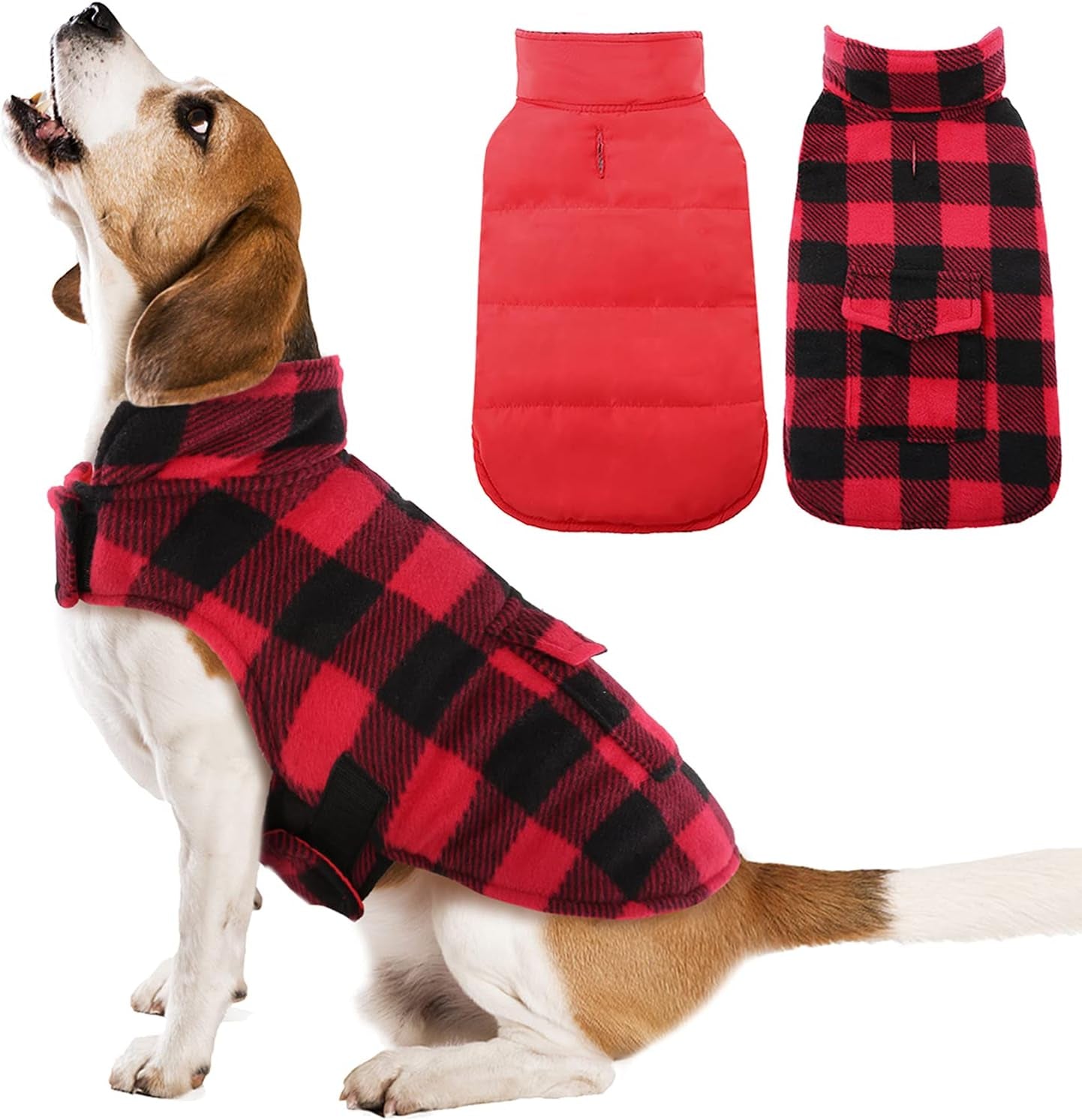 Kuoser Cozy Dog Winter Coat, Windproof Dog Jacket British Style Plaid Cold Weather Dog Coat Reversible Warm Dog Vest for Small Medium Large Dogs Red L Animals & Pet Supplies > Pet Supplies > Dog Supplies > Dog Apparel Kuoser Red 3X-Large (Chest Girth: 35.4-43.3'') 