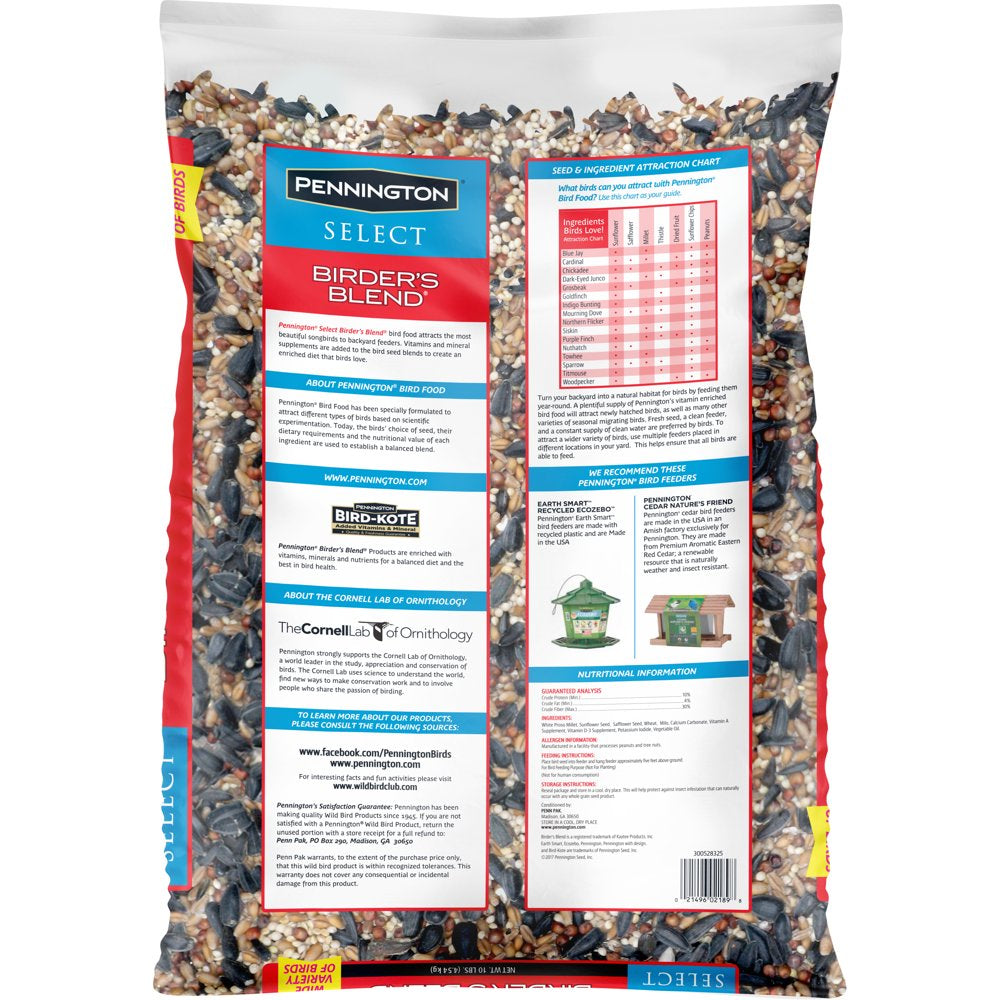 Pennington Select Birder'S Blend, Wild Bird Seed and Feed, 10 Lb. Bag Animals & Pet Supplies > Pet Supplies > Bird Supplies > Bird Food CENTRAL GARDEN & PET COMPANY   